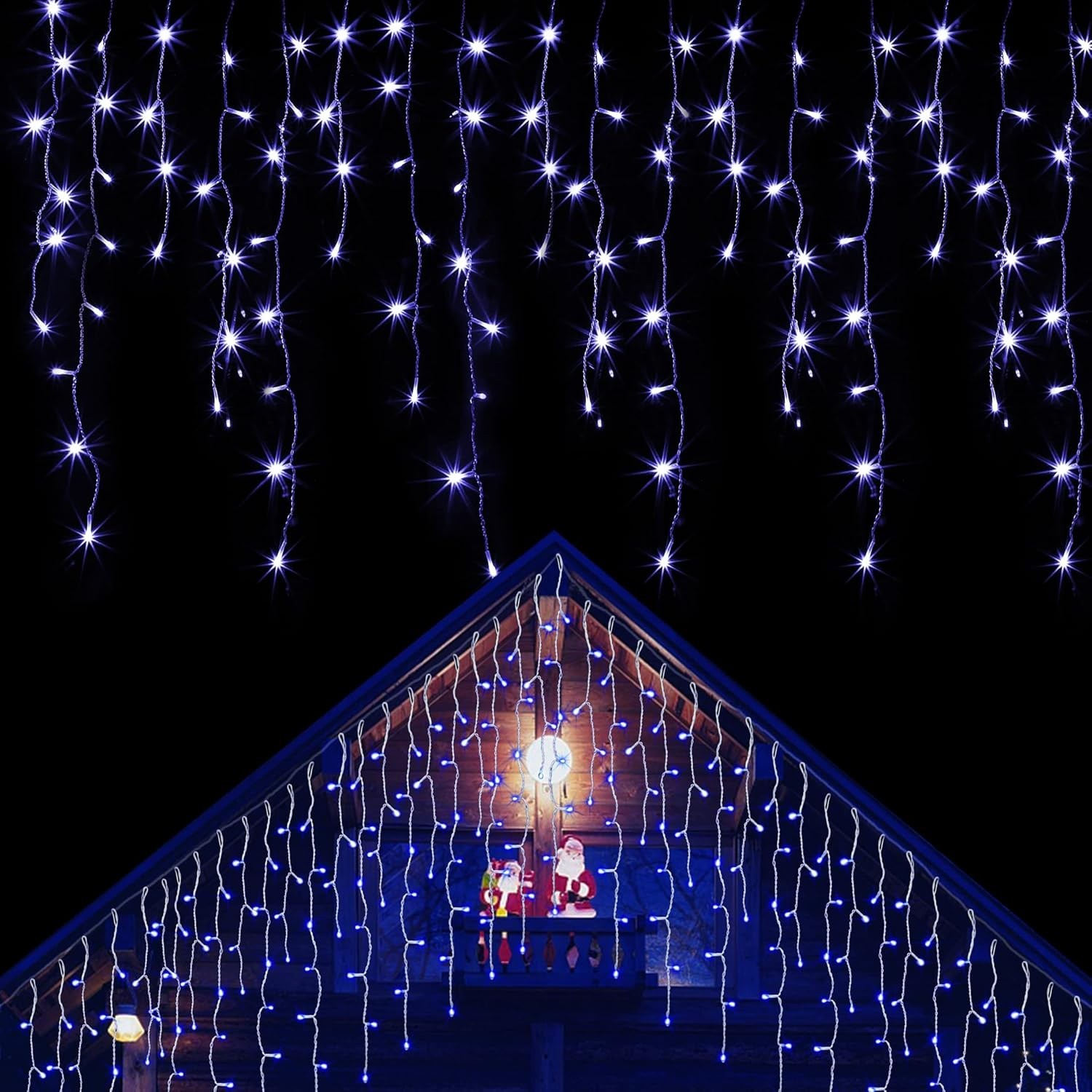 Instalatie Solara Craciun Turturi, IP44, 5 m, 143 Led-uri, Perdea Franjurata, albastru, 8 jocuri de lumini, cu Telecomanda, 31V, 250 mAh, Acumulator de 1200 mAh, Exterior, Prelungitor 5 m inclus, Fir Alb, Flippy