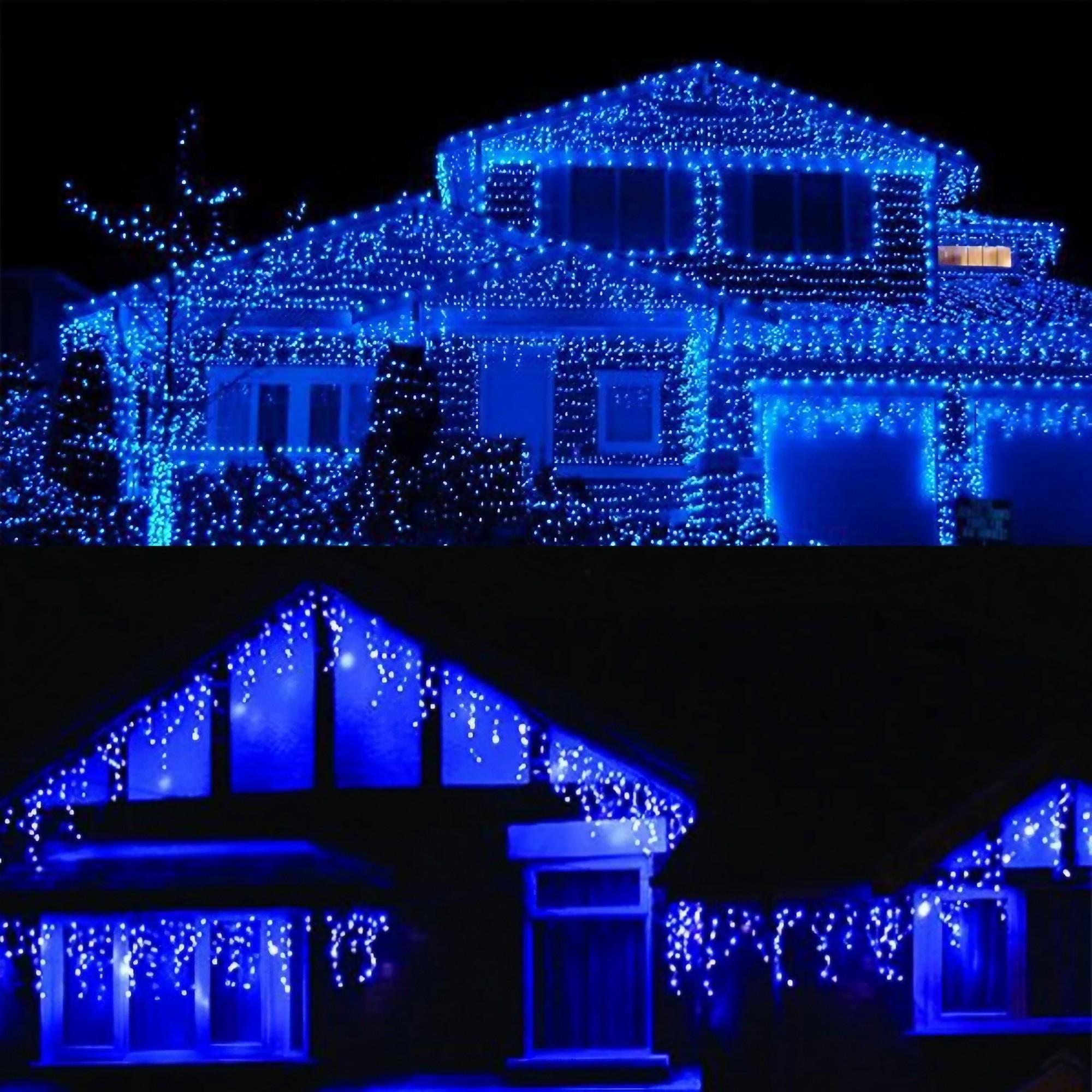 Instalatie Solara Craciun Turturi, IP44, 5 m, 143 Led-uri, Perdea Franjurata, albastru, 8 jocuri de lumini, cu Telecomanda, 31V, 500 mAh, Acumulator de 2400 mAh, Exterior, Prelungitor 5 m inclus, Fir Alb, Flippy