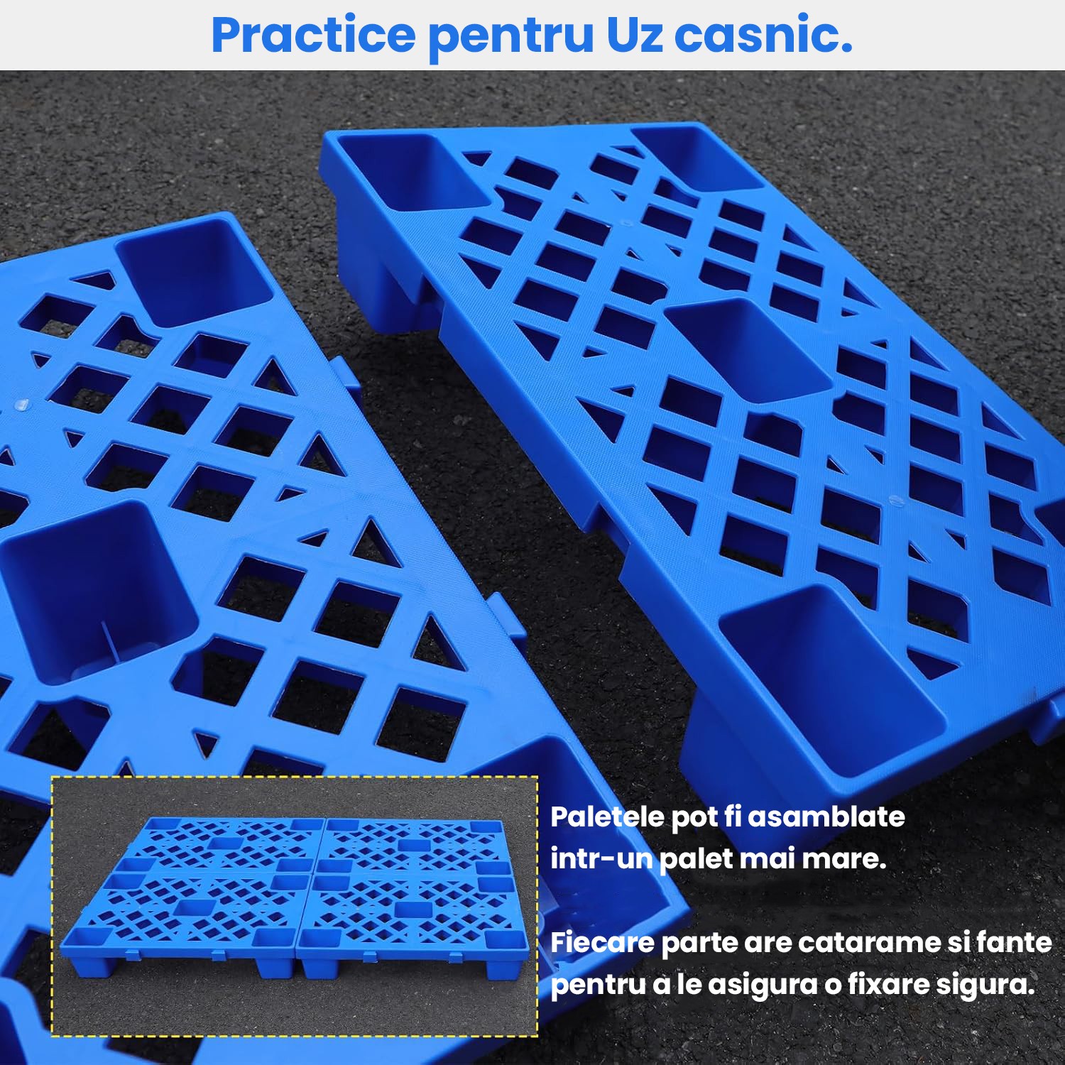 Palet de Transport, Flippy, 60 x 40 x 10 cm, din Plastic durabil, Palet pentru Stivuitor in Depozit, Rezistent la Umiditate, Grila Ingrosata, 5 Picioare, Albastru 