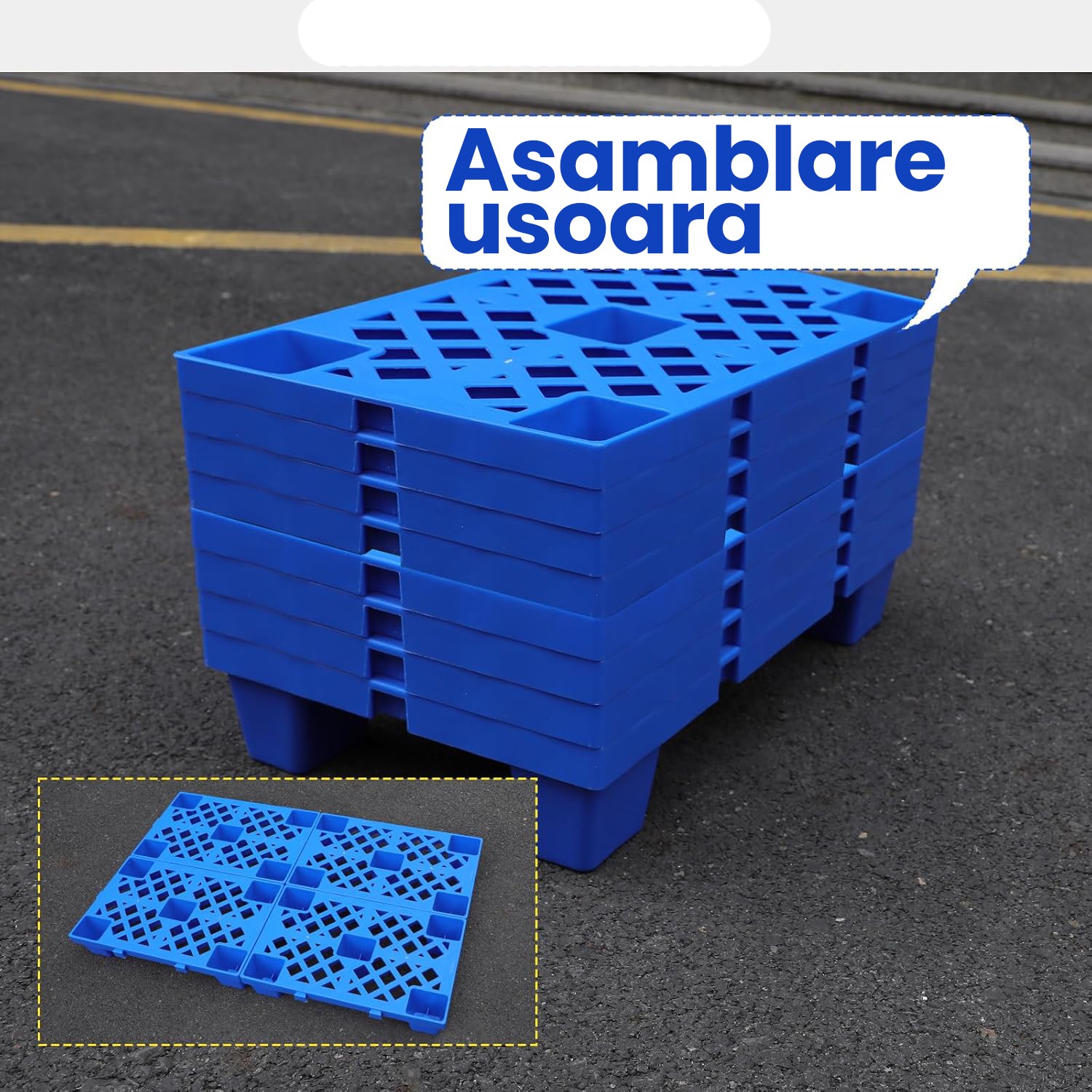 Palet de Transport, Flippy, 60 x 40 x 10 cm, din Plastic durabil, Palet pentru Stivuitor in Depozit, Rezistent la Umiditate, Grila Ingrosata, 5 Picioare, Albastru 