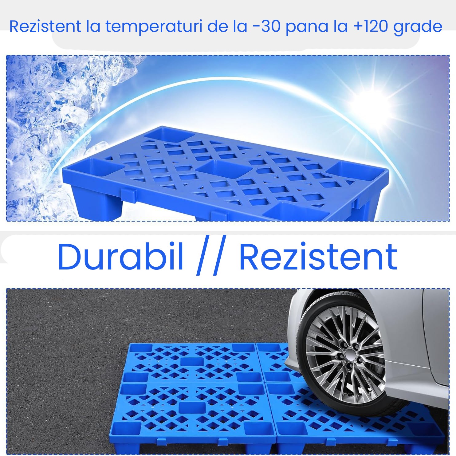 Palet de Transport, Flippy, 60 x 40 x 10 cm, din Plastic durabil, Palet pentru Stivuitor in Depozit, Rezistent la Umiditate, Grila Ingrosata, 5 Picioare, Albastru 