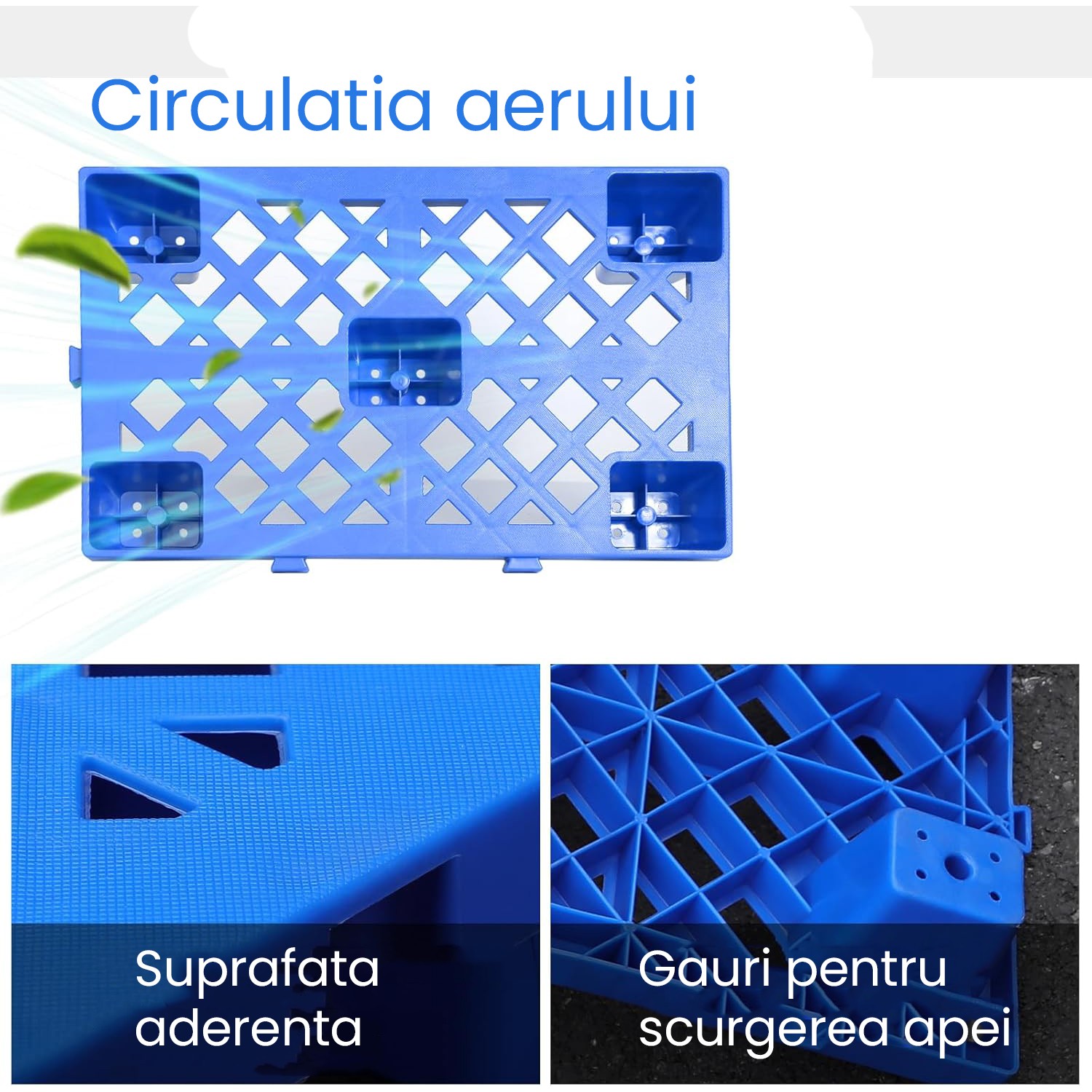 Palet de Transport, Flippy, 60 x 40 x 10 cm, din Plastic durabil, Palet pentru Stivuitor in Depozit, Rezistent la Umiditate, Grila Ingrosata, 5 Picioare, Albastru 