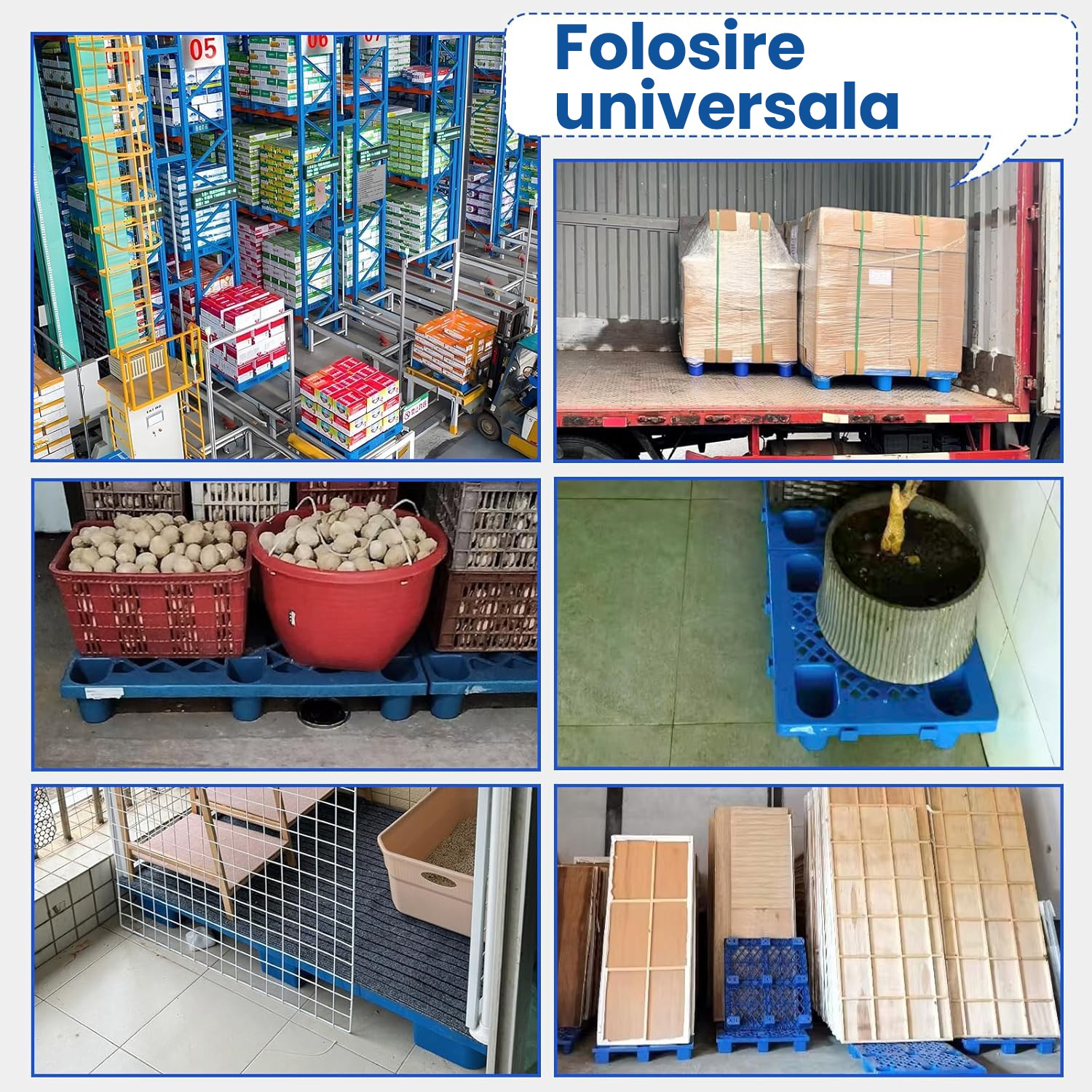 Palet de Transport, Flippy, 40 x 40 x 10 cm, din Plastic durabil, Palet pentru Stivuitor in Depozit, Rezistent la Umiditate, Grila Ingrosata, 5 Picioare, Albastru 