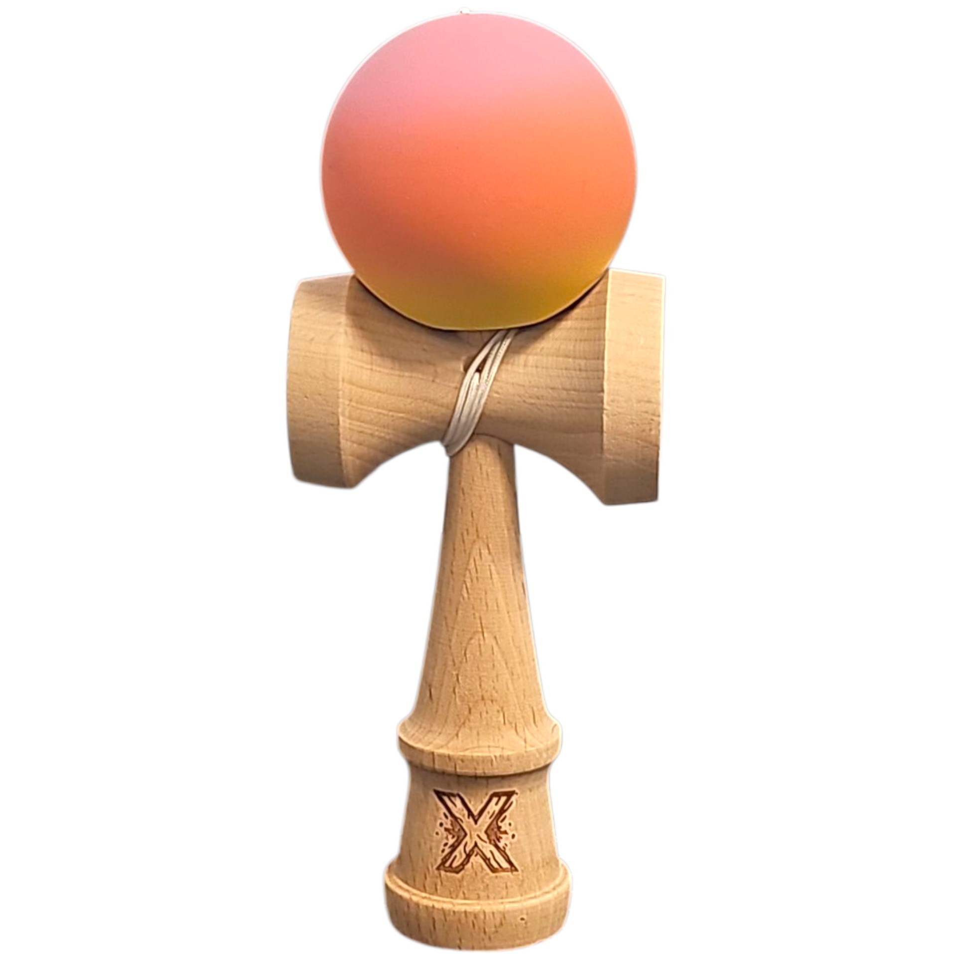 Kendama X Originala, Profesionala, Flippy, Rubber Grip, din Lemn, 18 cm, V3, Roz/Portocaliu/Galben