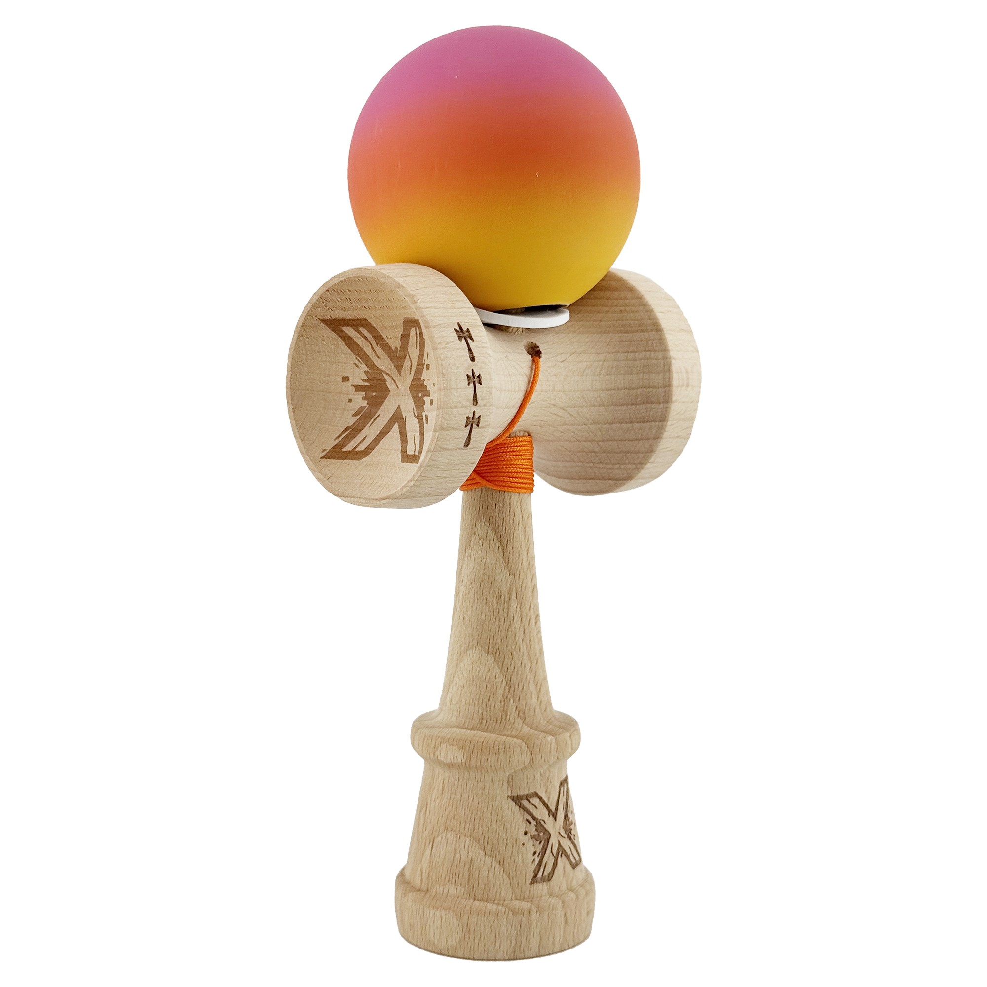 Kendama Rubber Grip V3 Cupe Mari - Kendama X Originala, Profesionala, Flippy, Rubber Grip, din Lemn, 18 cm, V3, Roz/Portocaliu/Galben
