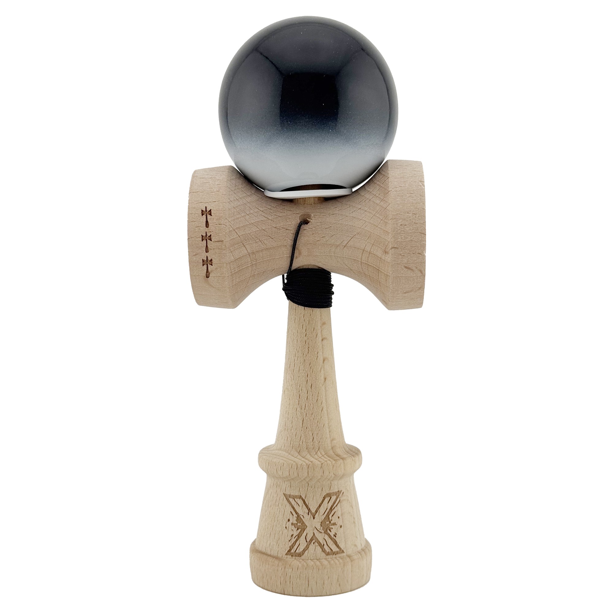Kendama X Originala, Profesionala, Flippy, Super Sticky cu Cupe Mari KING SIZE V3, Gaura in Baza, Rulment Metalic, din lemn 18 cm, Ata 62/65 cm, Gradient Negru/Alb