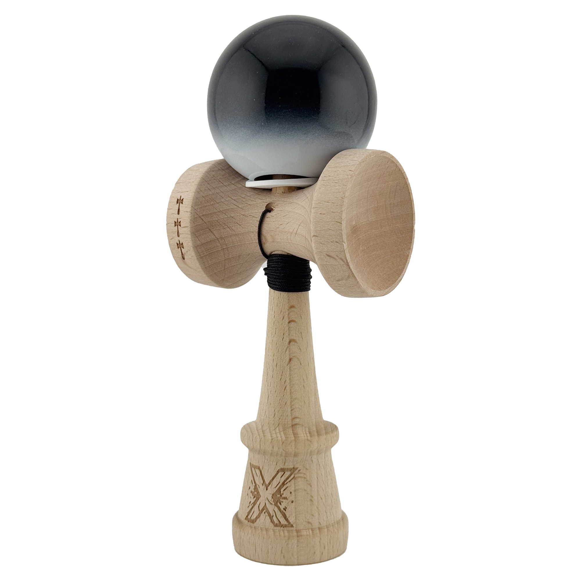 Kendama X Originala, Profesionala, Flippy, Super Sticky cu Cupe Mari KING SIZE V3, Gaura in Baza, Rulment Metalic, din lemn 18 cm, Ata 62/65 cm, Gradient Negru/Alb