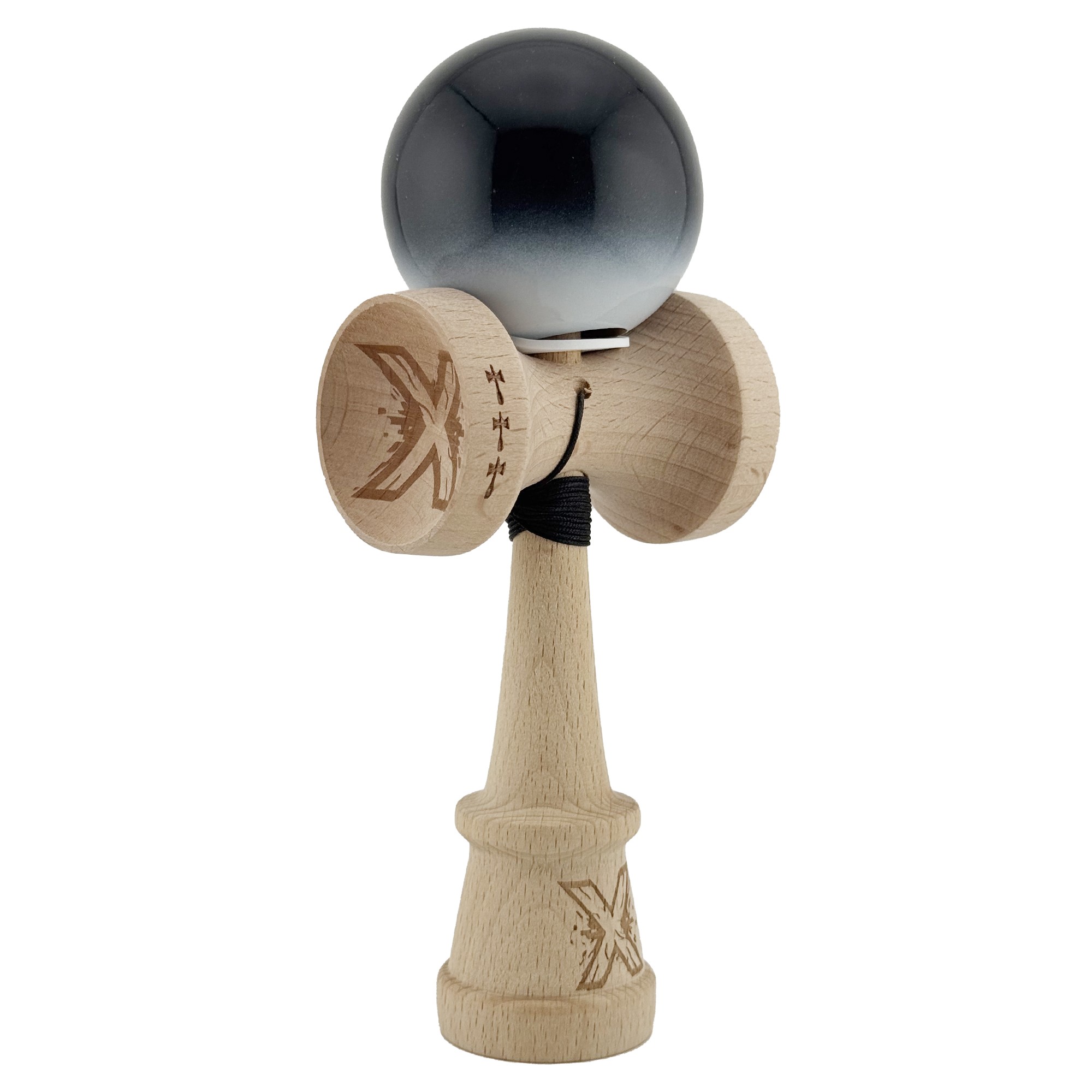 Kendama X Originala, Profesionala, Flippy, Super Sticky cu Cupe Mari KING SIZE V3, Gaura in Baza, Rulment Metalic, din lemn 18 cm, Ata 62/65 cm, Gradient Negru/Alb