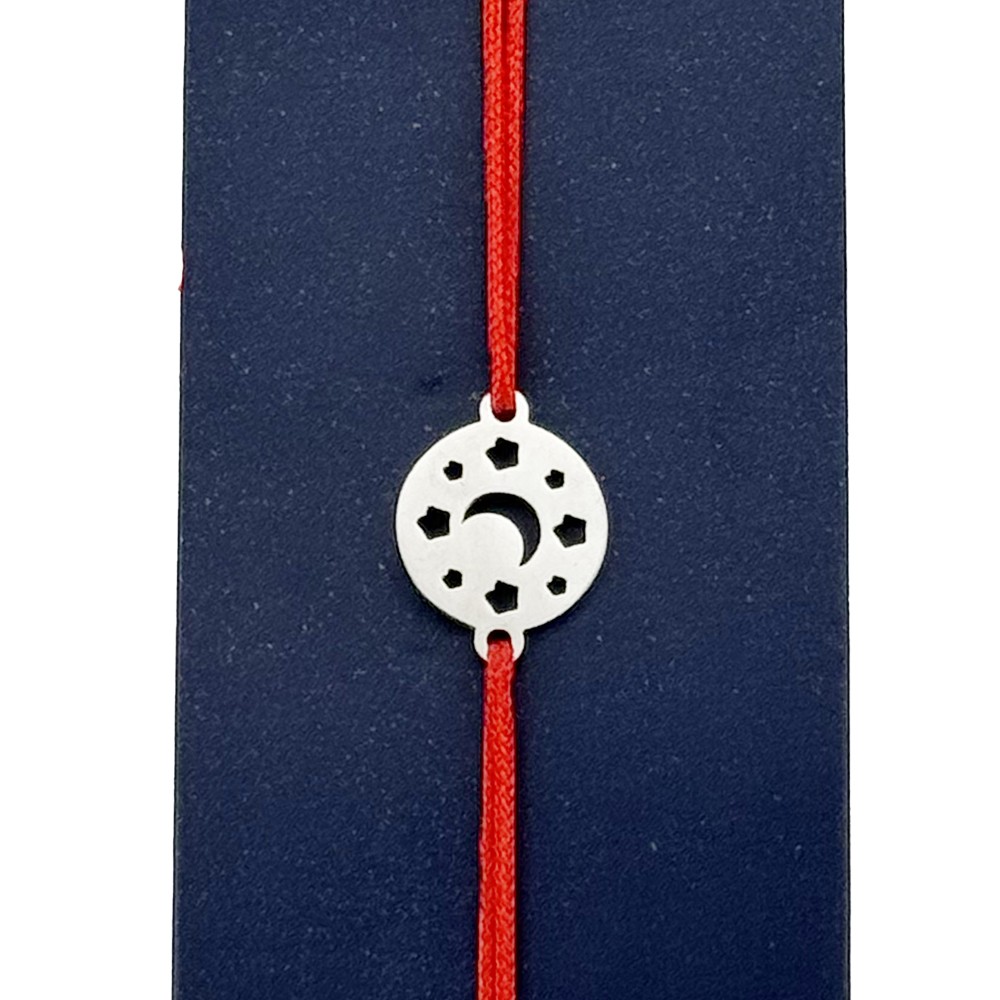 Martisor Bratara Inox pentru Copii, Jolie, Model Luna cu Stele, din Inox si Metal Inox, Snur Rosu, Argintiu