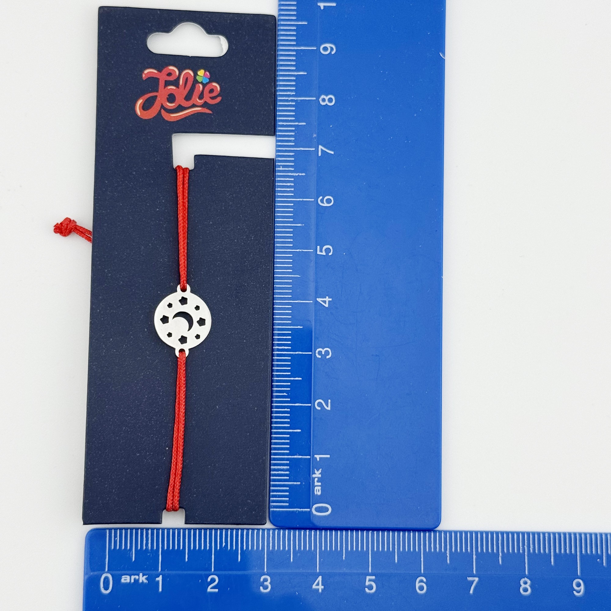 Martisor Bratara Inox pentru Copii, Jolie, Model Luna cu Stele, din Inox si Metal Inox, Snur Rosu, Argintiu