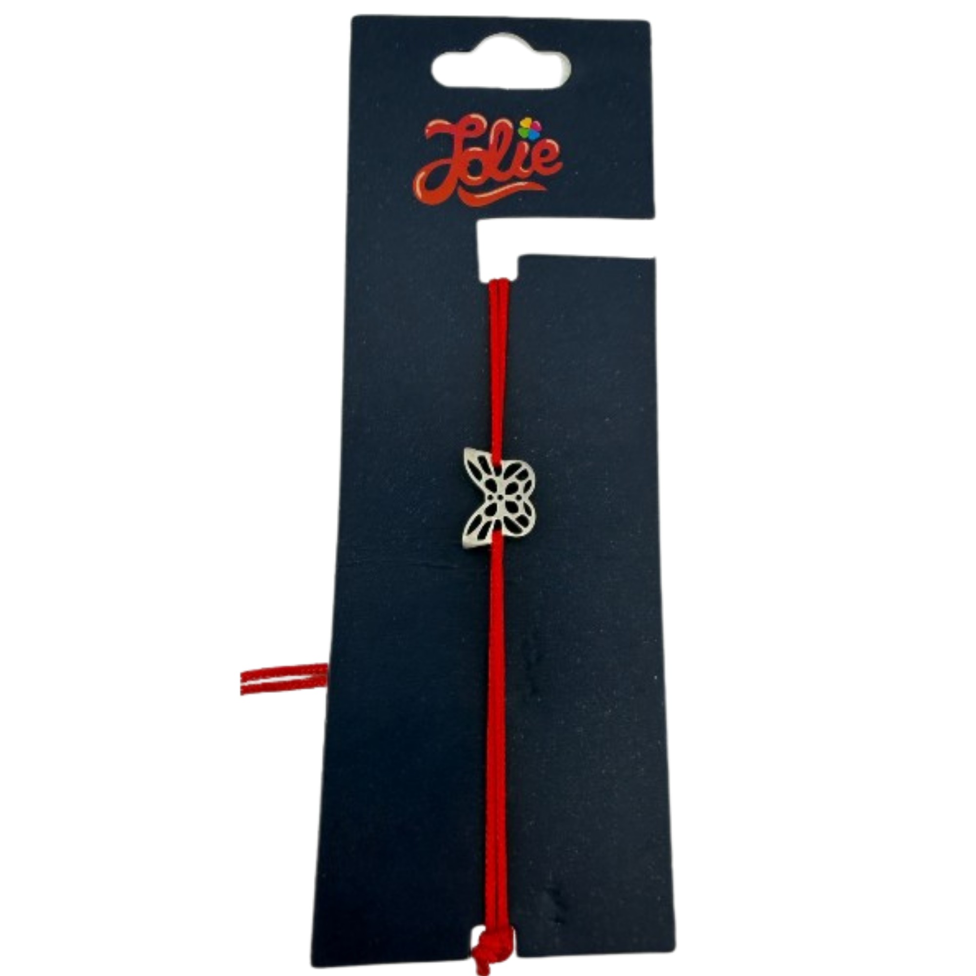 Martisor Bratara din Inox pentru Copii, Jolie, Textil si Inox, Snur Rosu, Model Fluture Plin, Argintiu