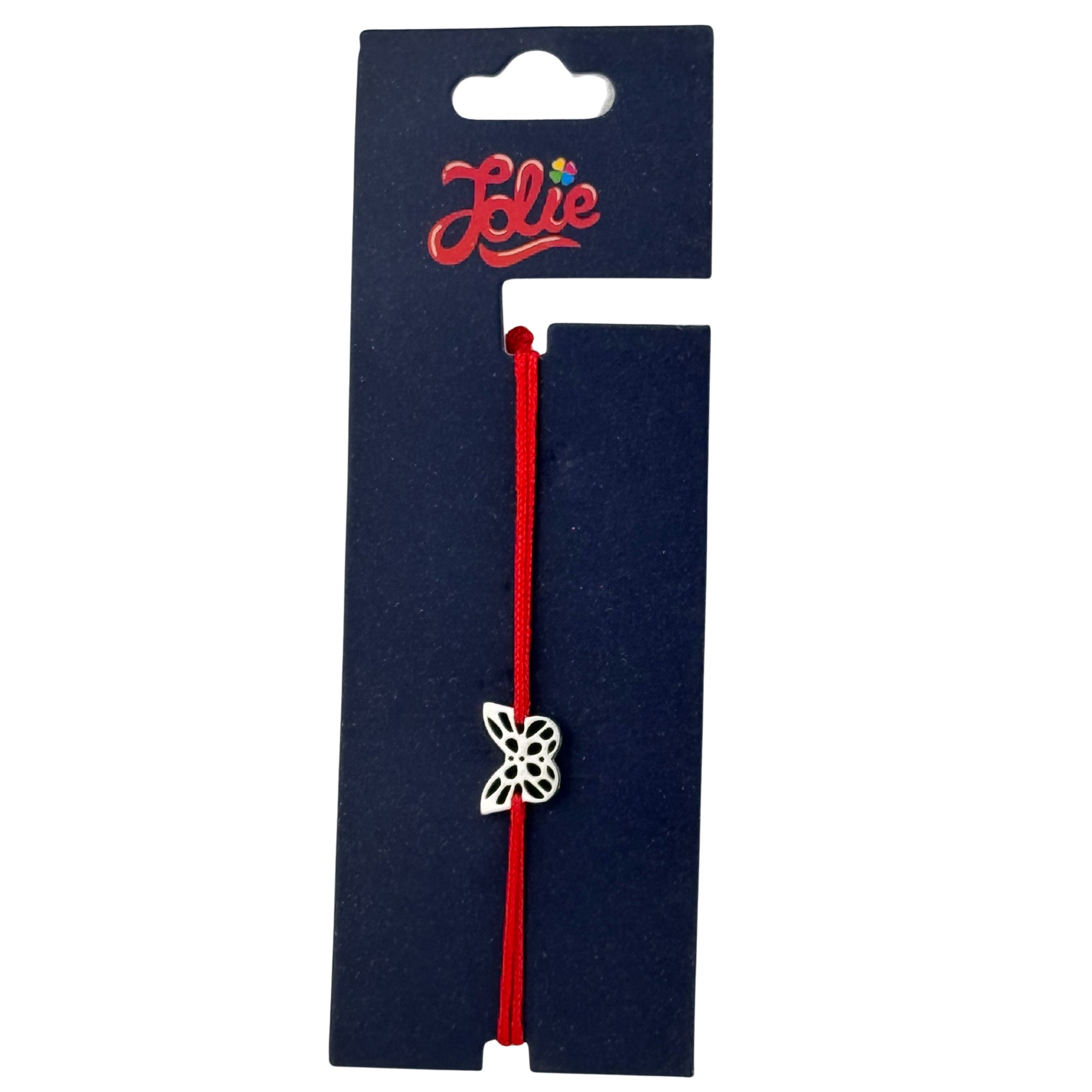 Martisor Bratara din Inox pentru Copii, Jolie, Textil si Inox, Snur Rosu, Model Fluture Plin, Argintiu