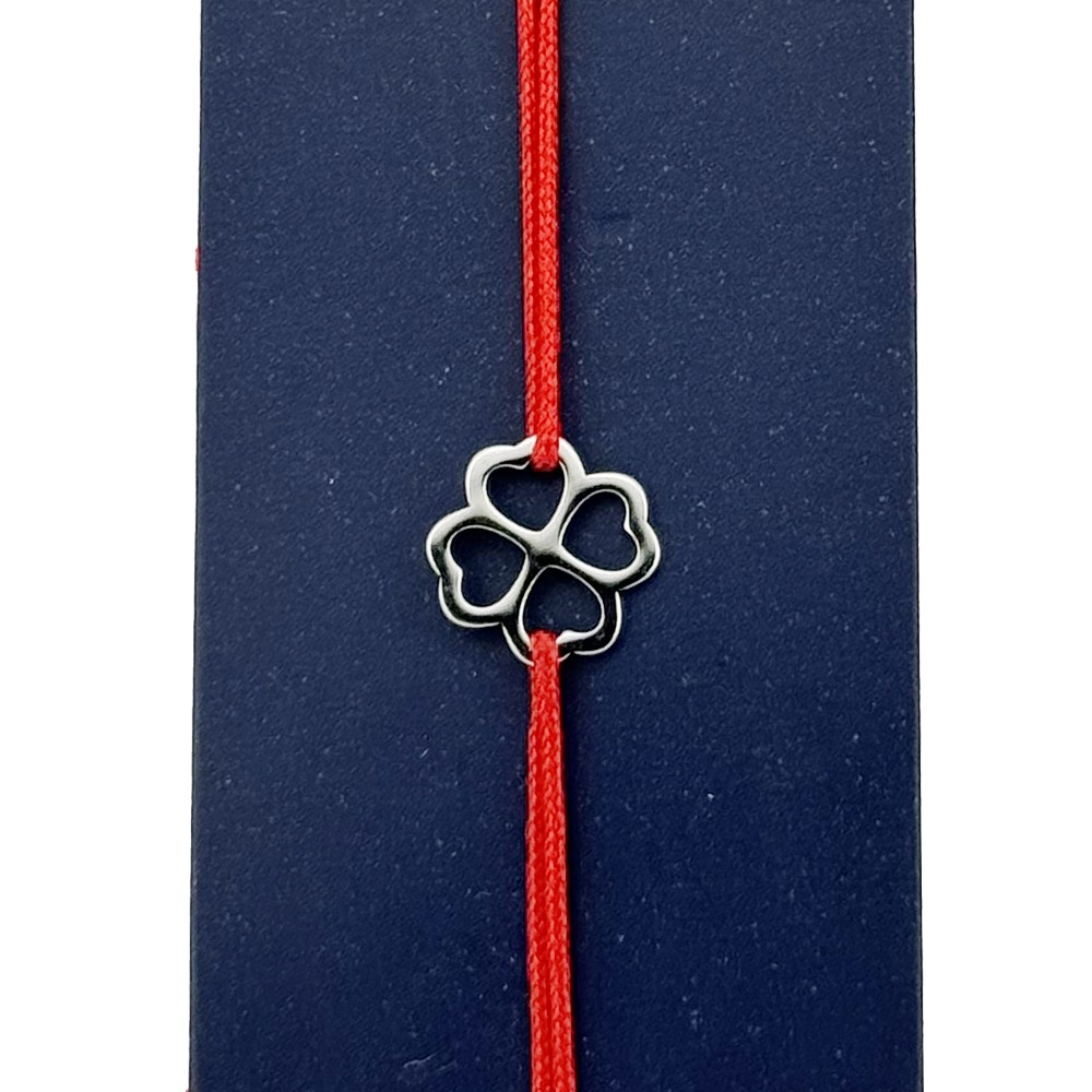 Martisor Bratara Inox pentru Copii, Jolie, Model Trifoi, din Inox si Metal Inox, Snur Rosu, Argintiu