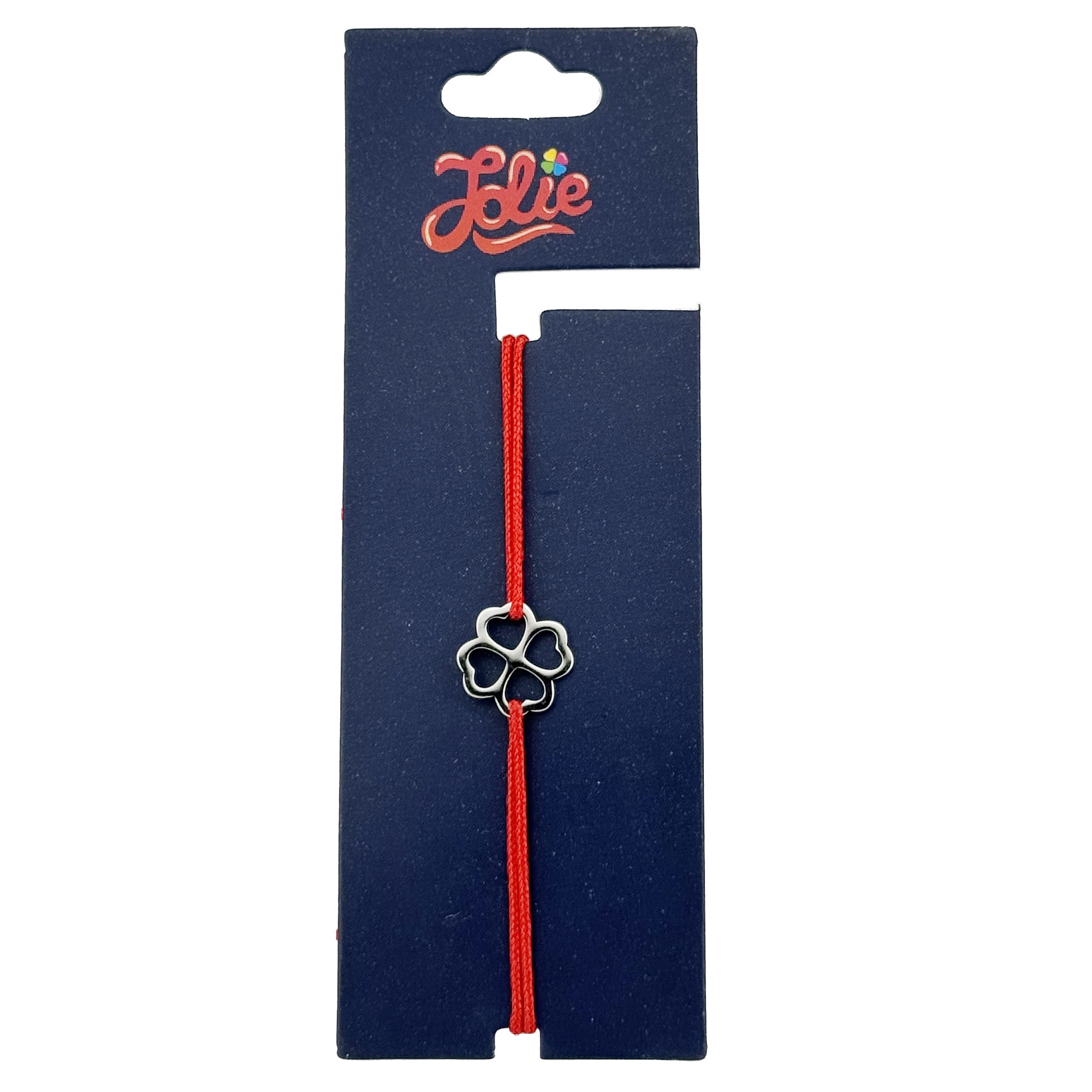 Martisor Bratara Inox pentru Copii, Jolie, Model Trifoi, din Inox si Metal Inox, Snur Rosu, Argintiu