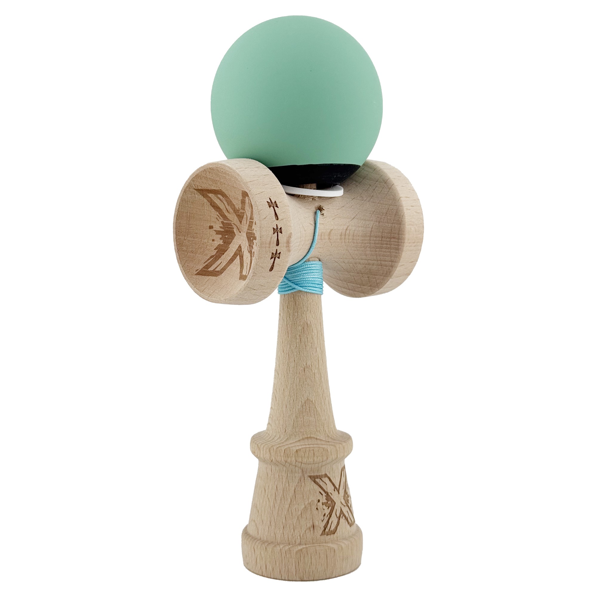 Kendama X Originala, Profesionala, Flippy, Rubber Grip, Cupe Mari KING SIZE V3, Gaura in Baza, Rulment Metalic, din lemn 18 cm, Ata 62/65 cm, Bicolor Turcoaz/Albastru inchis