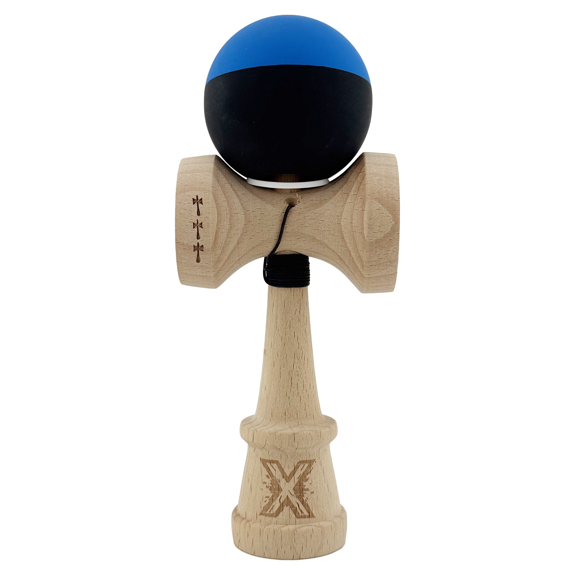 Kendama X Originala, Profesionala, Flippy, Rubber Grip, Cupe Mari KING SIZE V3, Gaura in Baza, Rulment Metalic, din lemn 18 cm, Ata 62/65 cm, Bicolor Albastru/Negru