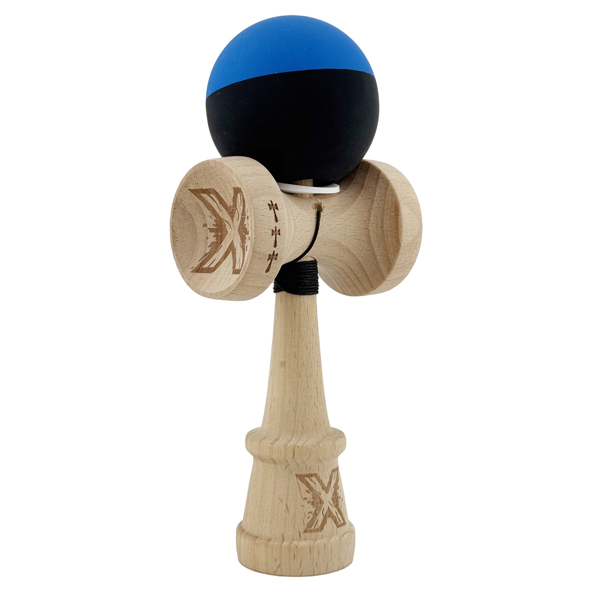 Kendama X Originala, Profesionala, Flippy, Rubber Grip, Cupe Mari KING SIZE V3, Gaura in Baza, Rulment Metalic, din lemn 18 cm, Ata 62/65 cm, Bicolor Albastru/Negru