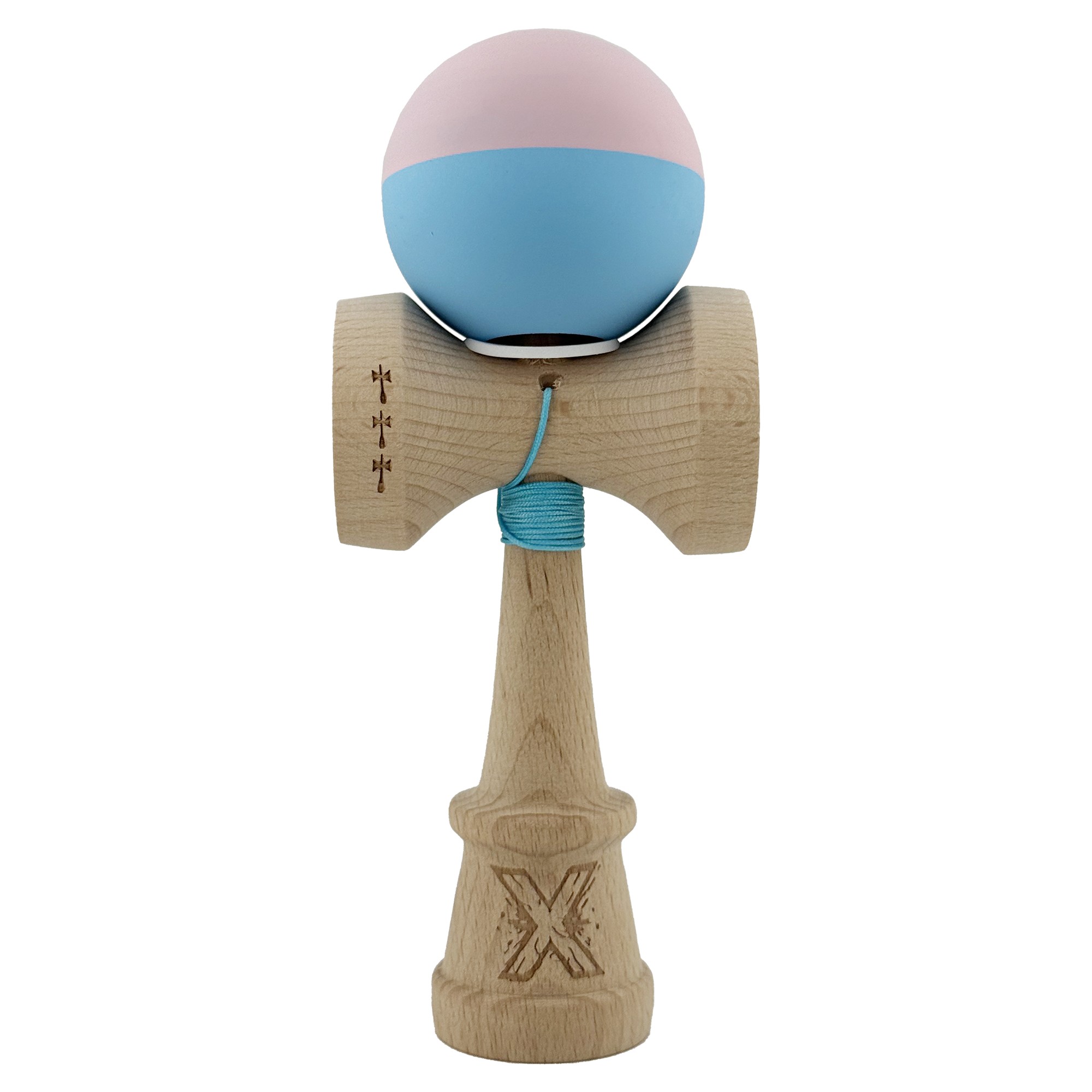 Kendama X Originala, Profesionala, Flippy, Rubber Grip, Cupe Mari KING SIZE V3, Gaura in Baza, Rulment Metalic, din lemn 18 cm, Ata 62/65 cm, Bicolor Roz/Bleu