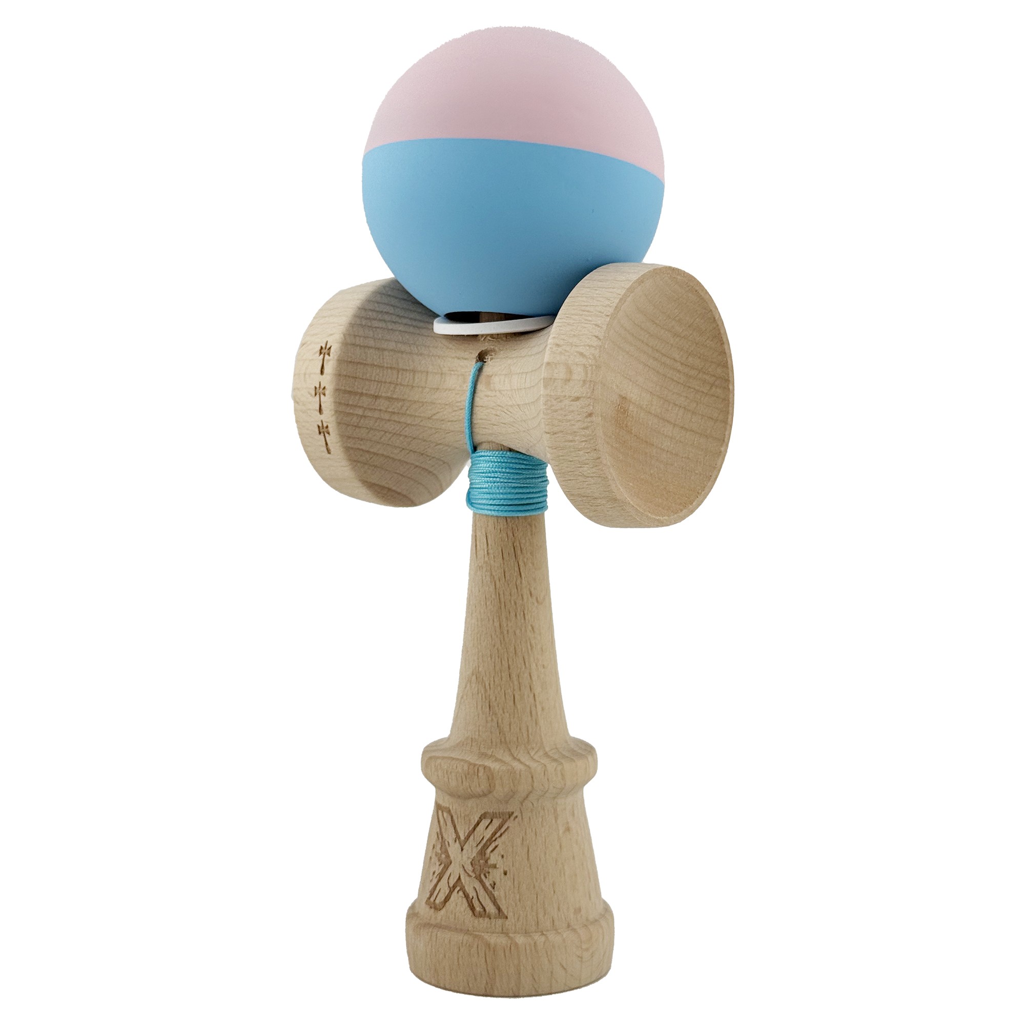 Kendama X Originala, Profesionala, Flippy, Rubber Grip, Cupe Mari KING SIZE V3, Gaura in Baza, Rulment Metalic, din lemn 18 cm, Ata 62/65 cm, Bicolor Roz/Bleu