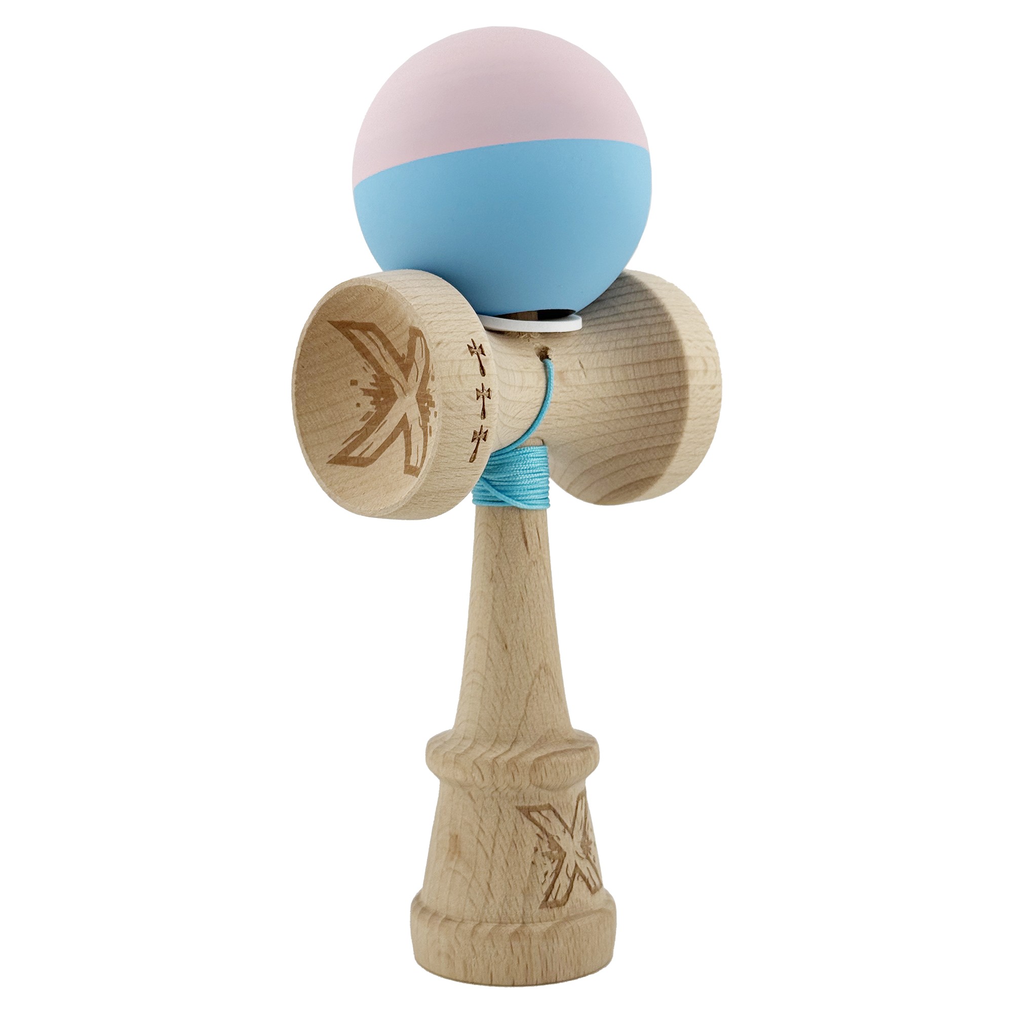 Kendama X Originala, Profesionala, Flippy, Rubber Grip, Cupe Mari KING SIZE V3, Gaura in Baza, Rulment Metalic, din lemn 18 cm, Ata 62/65 cm, Bicolor Roz/Bleu