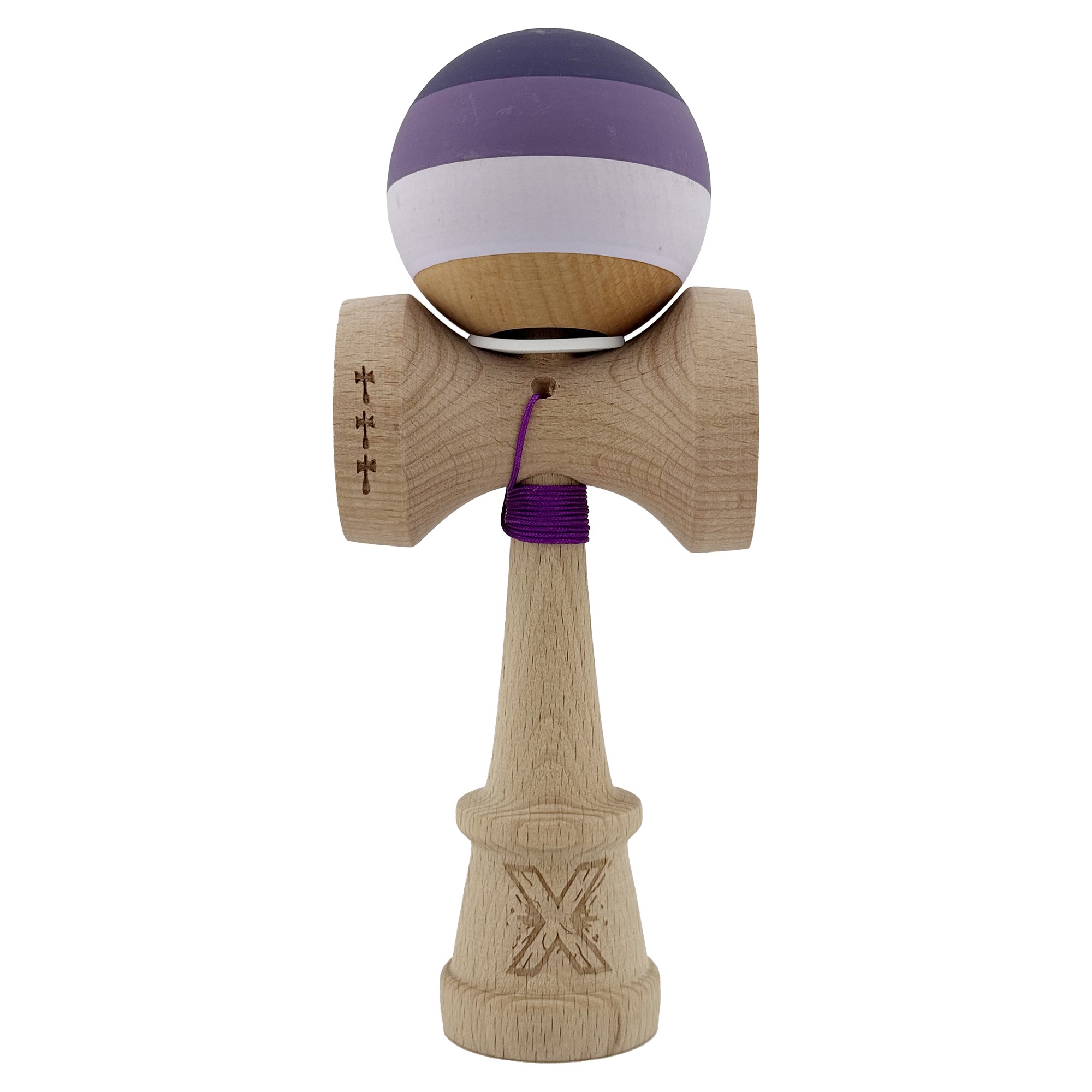 Kendama X Originala, Profesionala, Flippy, Rubber Grip, Cupe Mari KING SIZE V3, Gaura in Baza, Rulment Metalic, din lemn 18 cm, Ata 62/65 cm, Special Purpuriu/Mov/Lila