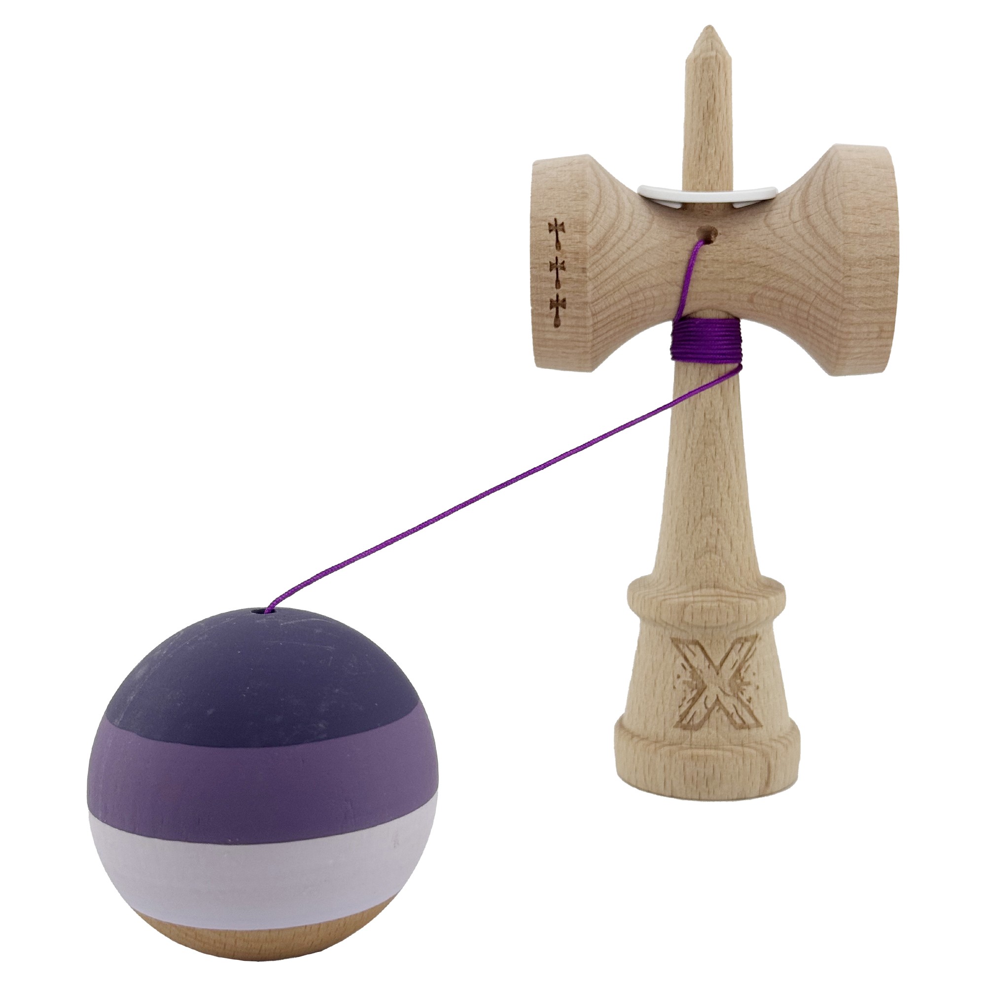 Kendama X Originala, Profesionala, Flippy, Rubber Grip, Cupe Mari KING SIZE V3, Gaura in Baza, Rulment Metalic, din lemn 18 cm, Ata 62/65 cm, Special Purpuriu/Mov/Lila