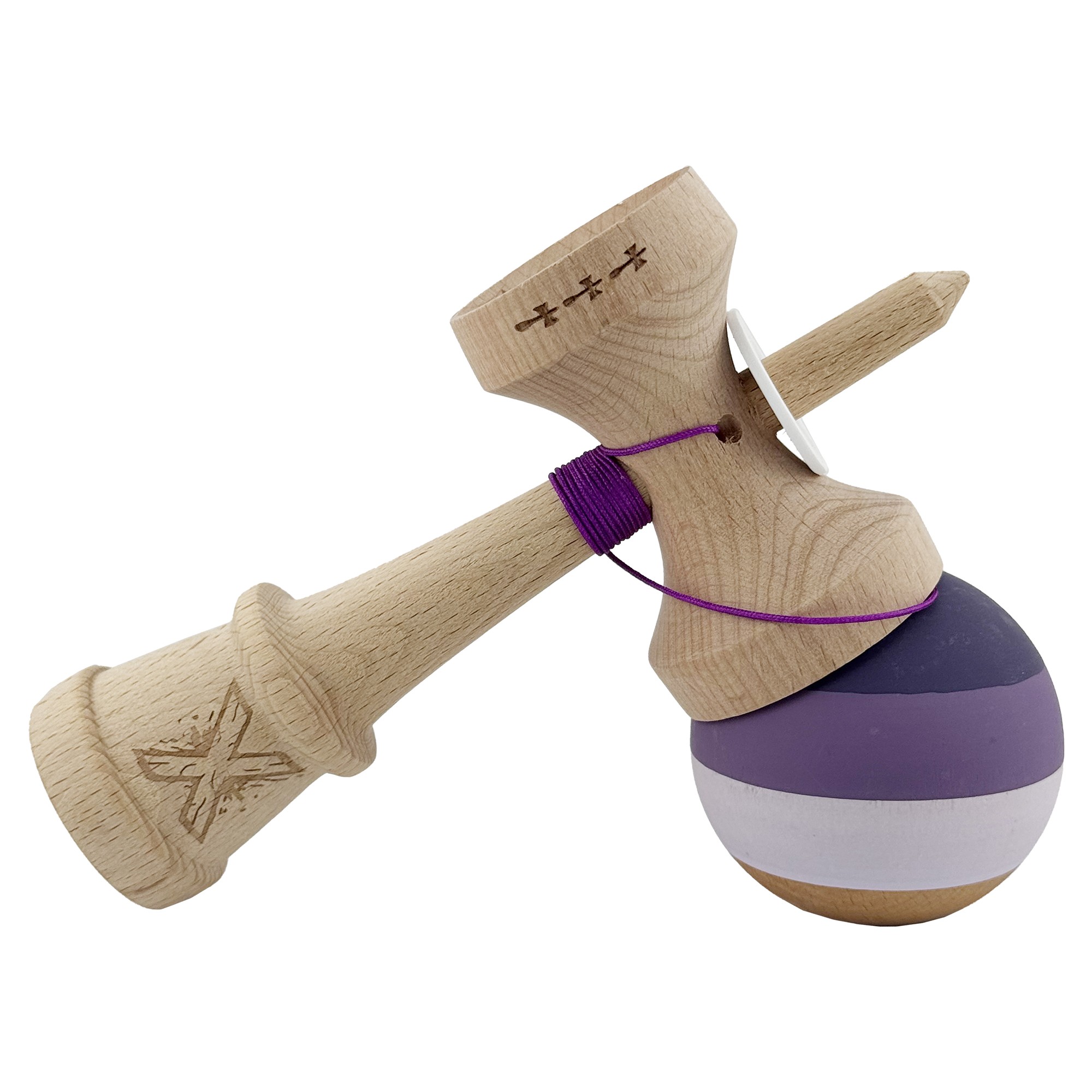 Kendama X Originala, Profesionala, Flippy, Rubber Grip, Cupe Mari KING SIZE V3, Gaura in Baza, Rulment Metalic, din lemn 18 cm, Ata 62/65 cm, Special Purpuriu/Mov/Lila
