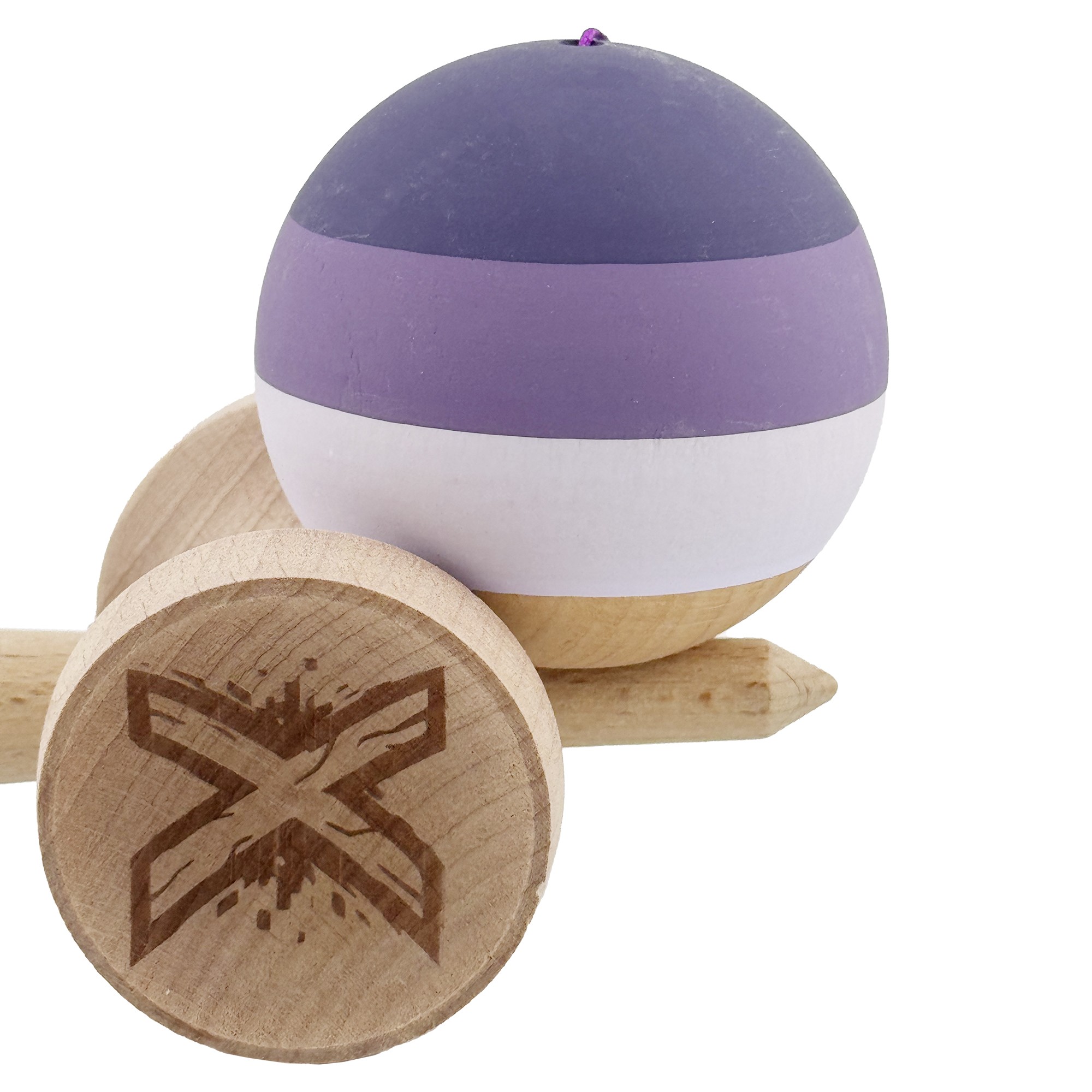 Kendama X Originala, Profesionala, Flippy, Rubber Grip, Cupe Mari KING SIZE V3, Gaura in Baza, Rulment Metalic, din lemn 18 cm, Ata 62/65 cm, Special Purpuriu/Mov/Lila