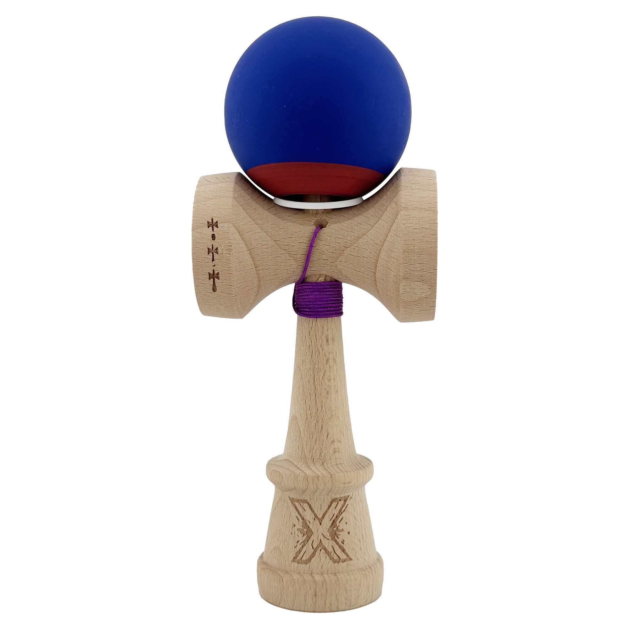 Kendama X Originala, Profesionala, Flippy, Rubber Grip, Cupe Mari KING SIZE V3, Gaura in Baza, Rulment Metalic, din lemn 18 cm, Ata 62/65 cm, Bicolor Albastru inchis/Rosu