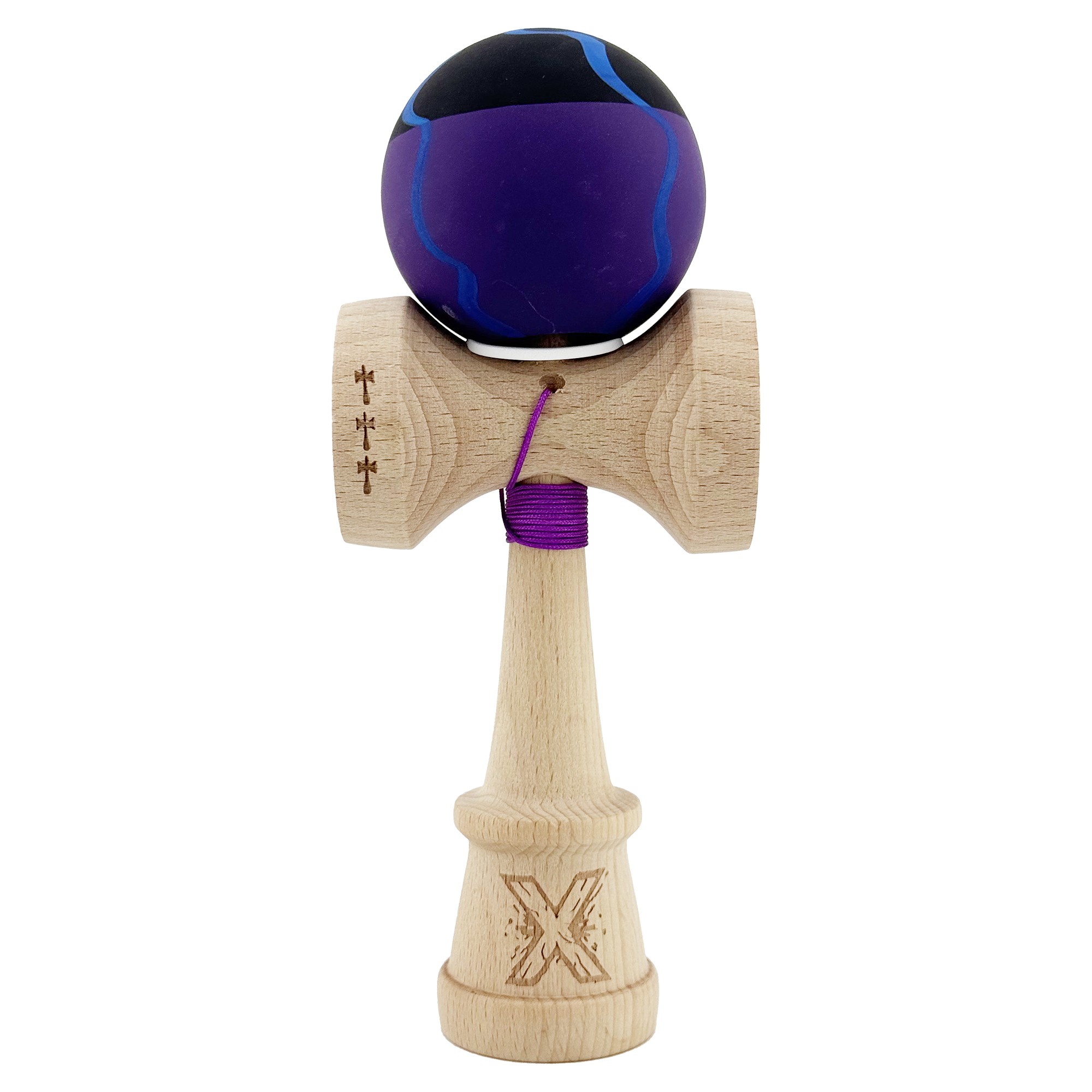 Kendama X Originala, Profesionala, Flippy, Rubber Grip, Cupe Mari KING SIZE V3, Gaura in Baza, Rulment Metalic, din lemn 18 cm, Ata 62/65 cm, Special Negru/Mov/Albastru