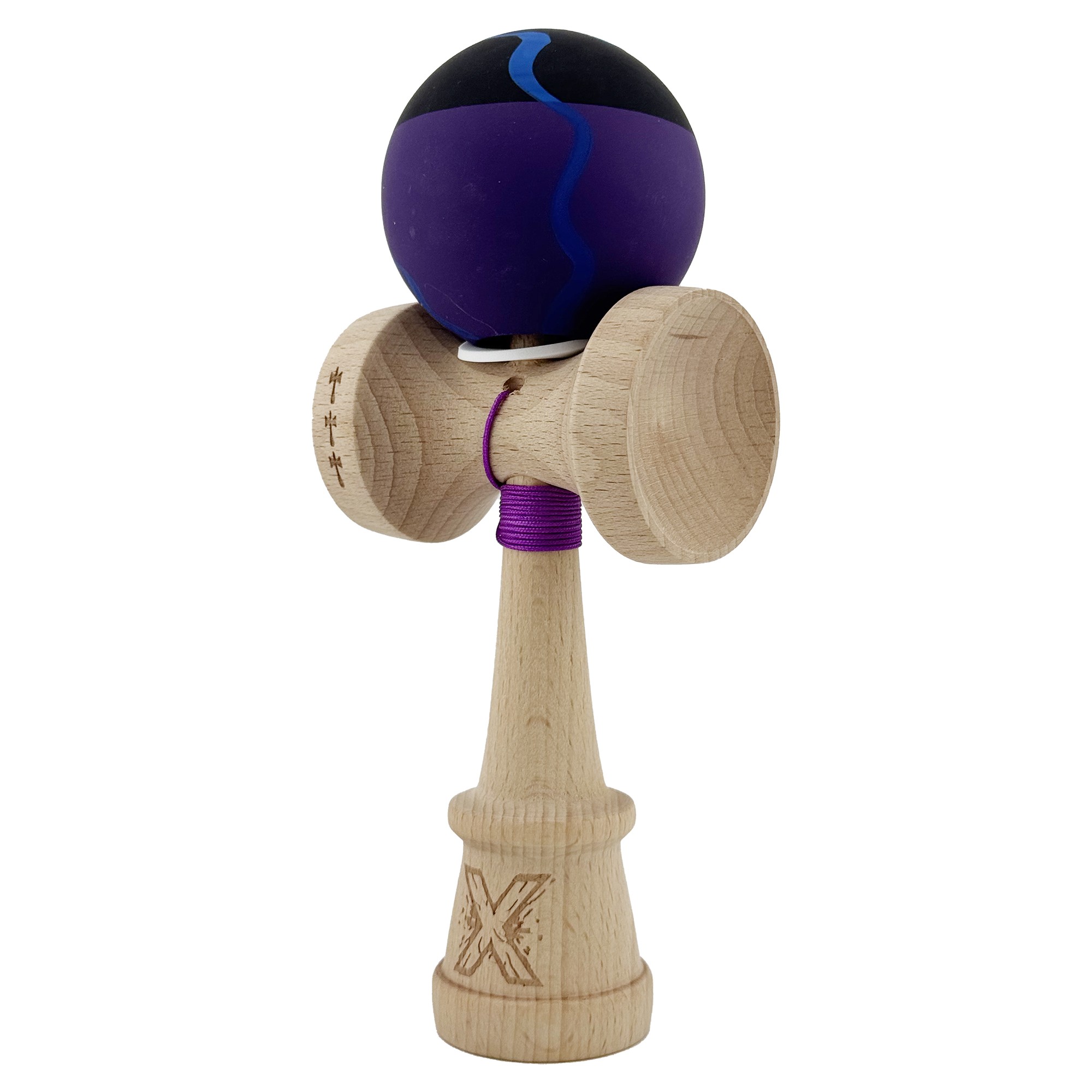 Kendama X Originala, Profesionala, Flippy, Rubber Grip, Cupe Mari KING SIZE V3, Gaura in Baza, Rulment Metalic, din lemn 18 cm, Ata 62/65 cm, Special Negru/Mov/Albastru