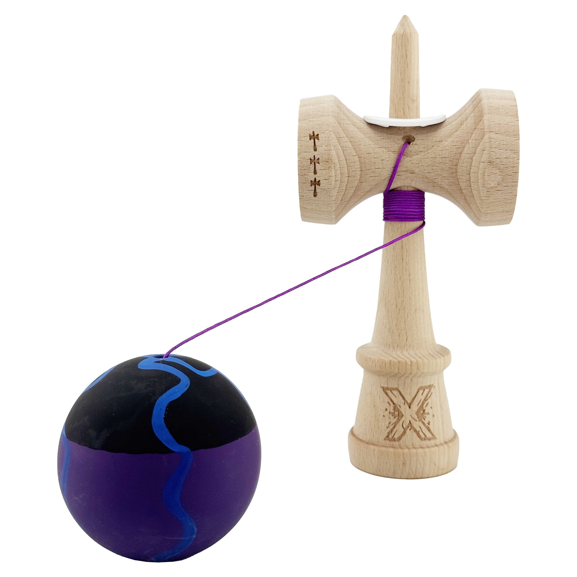 Kendama X Originala, Profesionala, Flippy, Rubber Grip, Cupe Mari KING SIZE V3, Gaura in Baza, Rulment Metalic, din lemn 18 cm, Ata 62/65 cm, Special Negru/Mov/Albastru