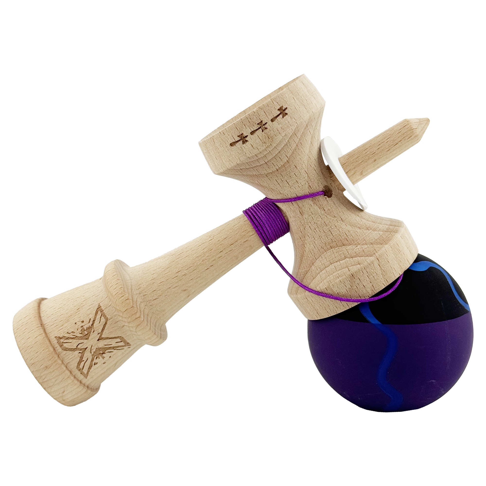 Kendama X Originala, Profesionala, Flippy, Rubber Grip, Cupe Mari KING SIZE V3, Gaura in Baza, Rulment Metalic, din lemn 18 cm, Ata 62/65 cm, Special Negru/Mov/Albastru