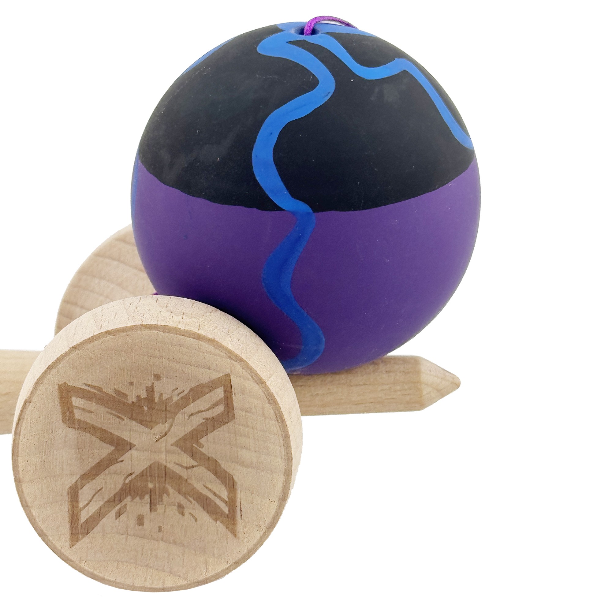 Kendama X Originala, Profesionala, Flippy, Rubber Grip, Cupe Mari KING SIZE V3, Gaura in Baza, Rulment Metalic, din lemn 18 cm, Ata 62/65 cm, Special Negru/Mov/Albastru