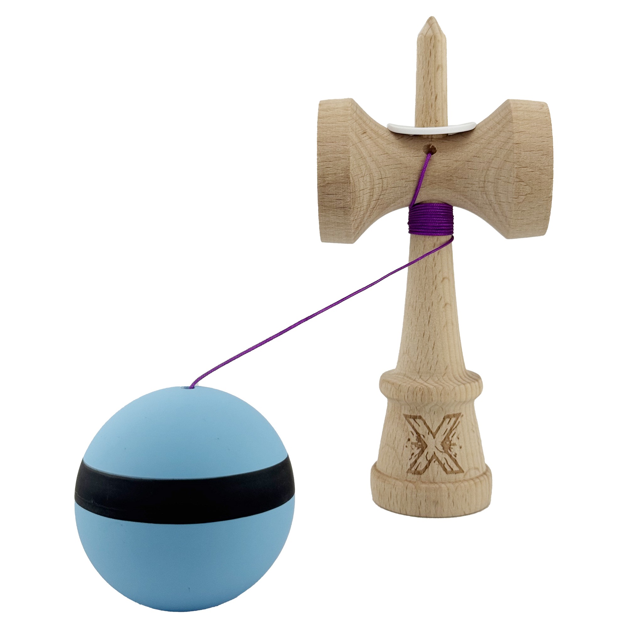 Kendama X Originala, Profesionala, Flippy, Cupe Mari KING SIZE V3, Rubber Grip, Gaura in Baza, Rulment Metalic, din lemn 18 cm, Ata 62/65 cm, M Bleu/Negru/Bleu