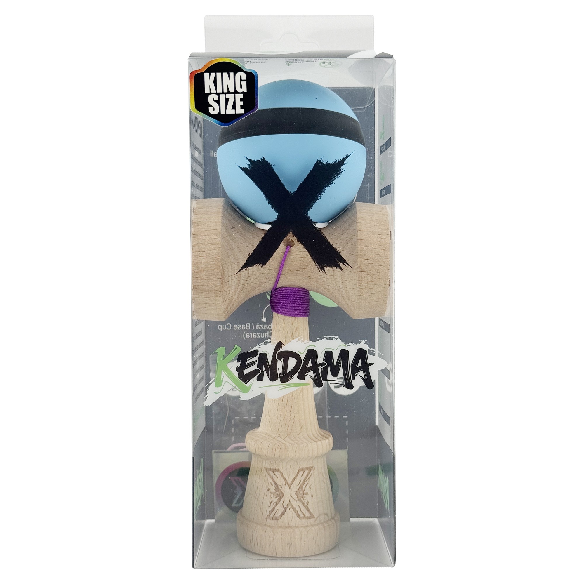 Kendama X Originala, Profesionala, Flippy, Cupe Mari KING SIZE V3, Rubber Grip, Gaura in Baza, Rulment Metalic, din lemn 18 cm, Ata 62/65 cm, M Bleu/Negru/Bleu