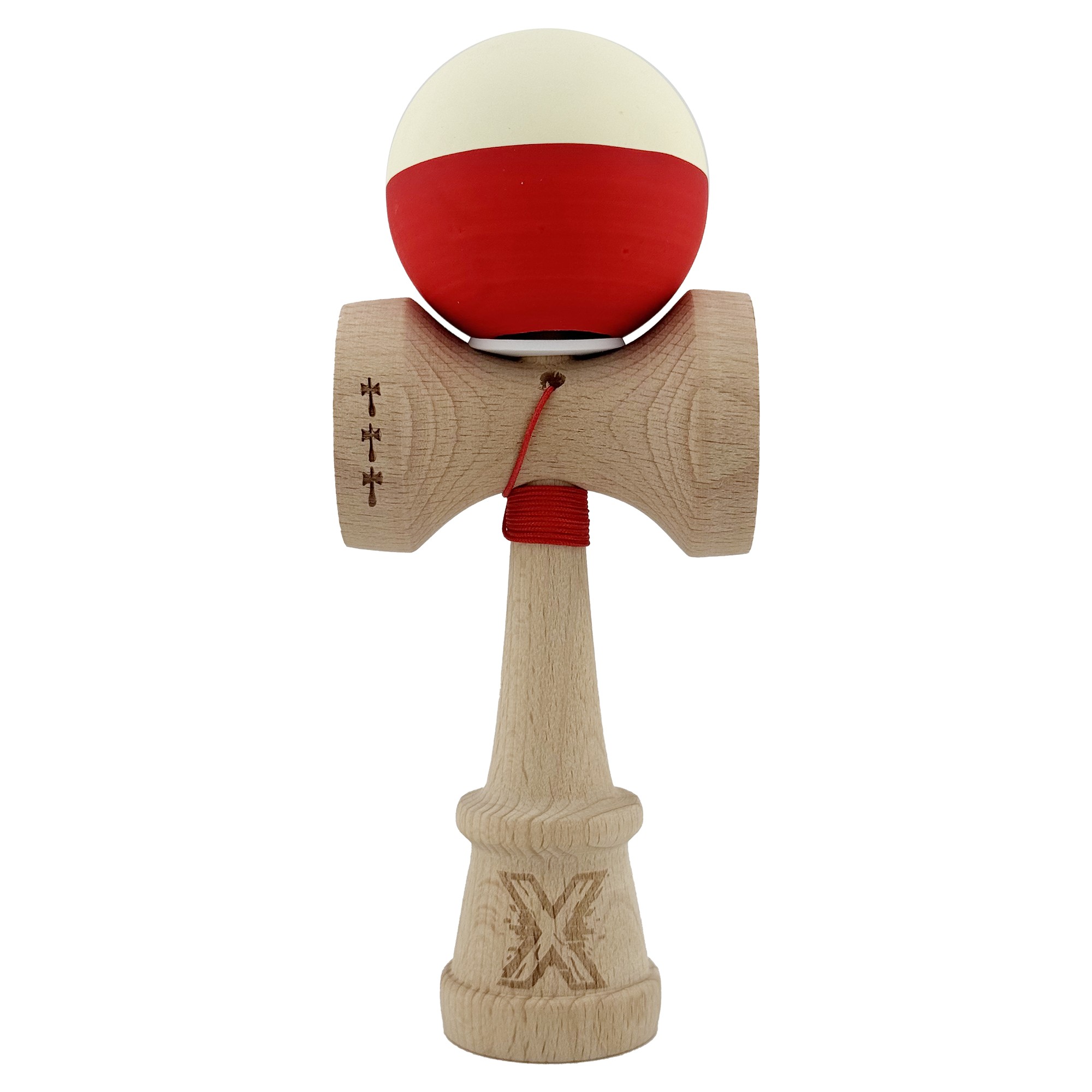 Kendama X Originala, Profesionala, Flippy, Rubber Grip, Cupe Mari KING SIZE V3, Gaura in Baza, Rulment Metalic, din lemn 18 cm, Ata 62/65 cm, Bicolor Galben/Rosu