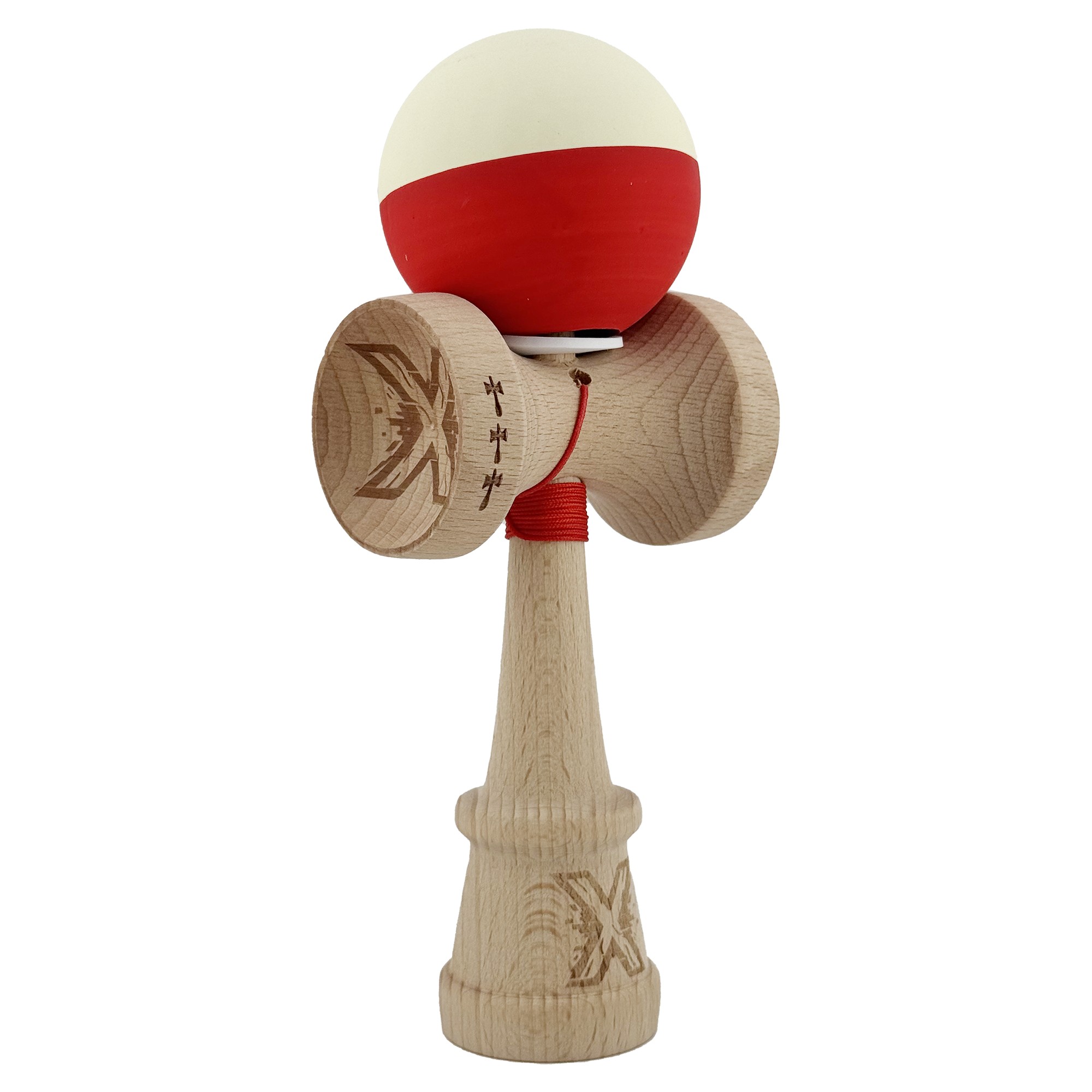Kendama Rubber Grip V3 Cupe Mari - Kendama X Originala, Profesionala, Flippy, Rubber Grip, Cupe Mari KING SIZE V3, Gaura in Baza, Rulment Metalic, din lemn 18 cm, Ata 62/65 cm, Bicolor Galben/Rosu