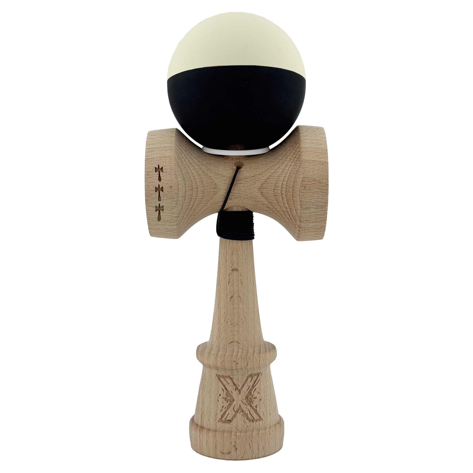 Kendama X Originala, Profesionala, Flippy, Rubber Grip, Cupe Mari KING SIZE V3, Gaura in Baza, Rulment Metalic, din lemn 18 cm, Ata 62/65 cm, Bicolor Galben/Negru