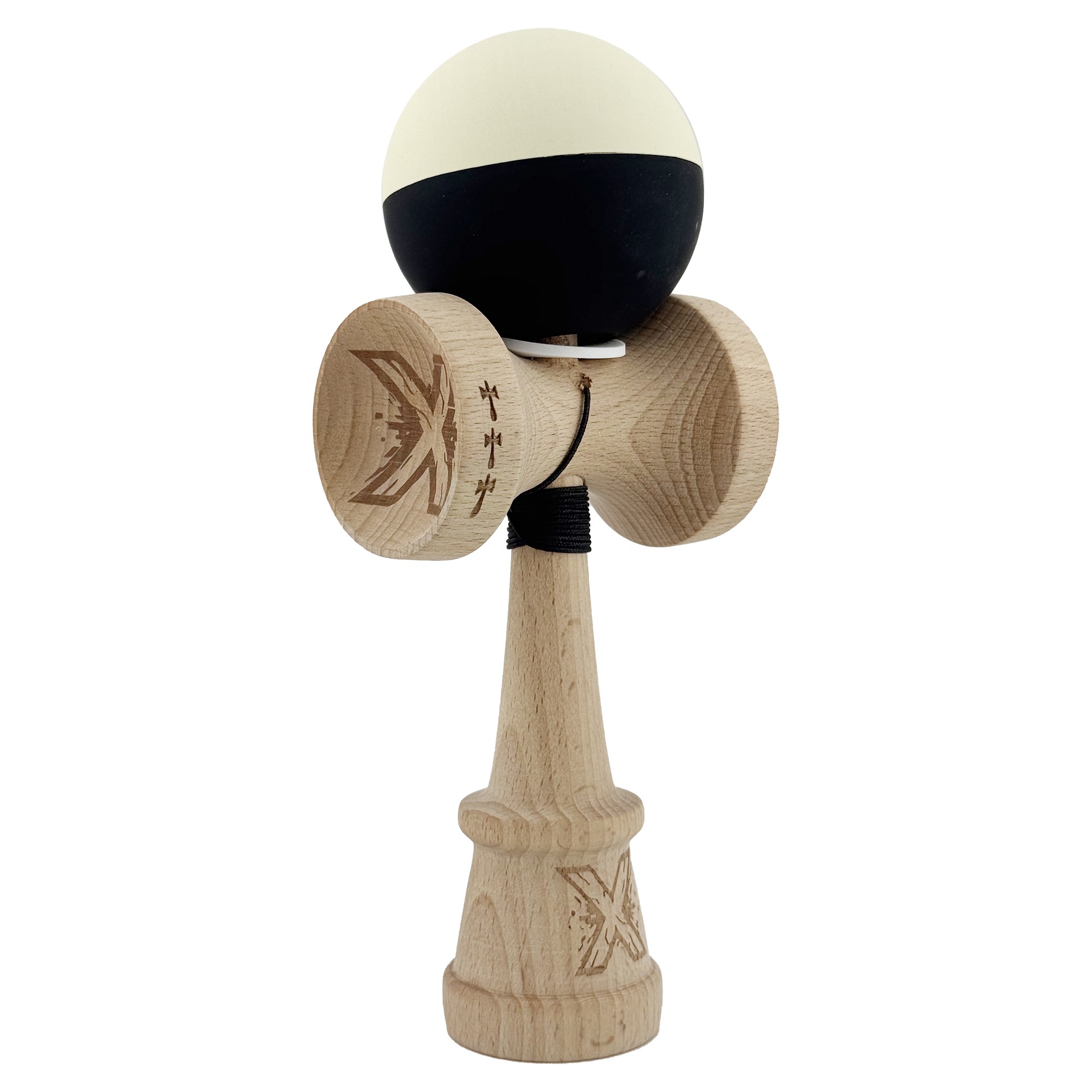 Kendama X Originala, Profesionala, Flippy, Rubber Grip, Cupe Mari KING SIZE V3, Gaura in Baza, Rulment Metalic, din lemn 18 cm, Ata 62/65 cm, Bicolor Galben/Negru