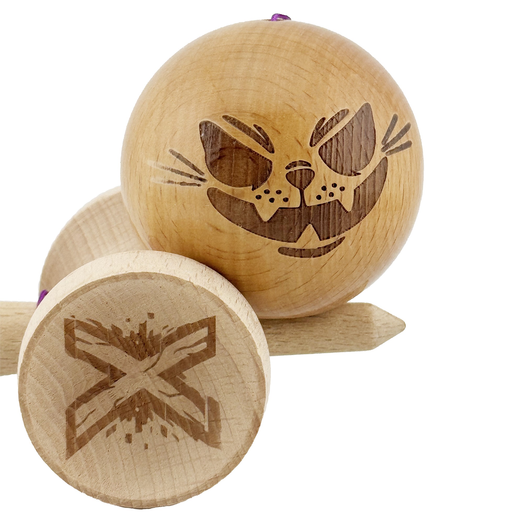 Kendama X Originala, Profesionala, Flippy, Crazy Cat, Super Sticky, Cupe Mari KING SIZE V3, Gaura in Baza, Rulment Metalic, din lemn 18 cm, Ata 62/65 cm, Maro