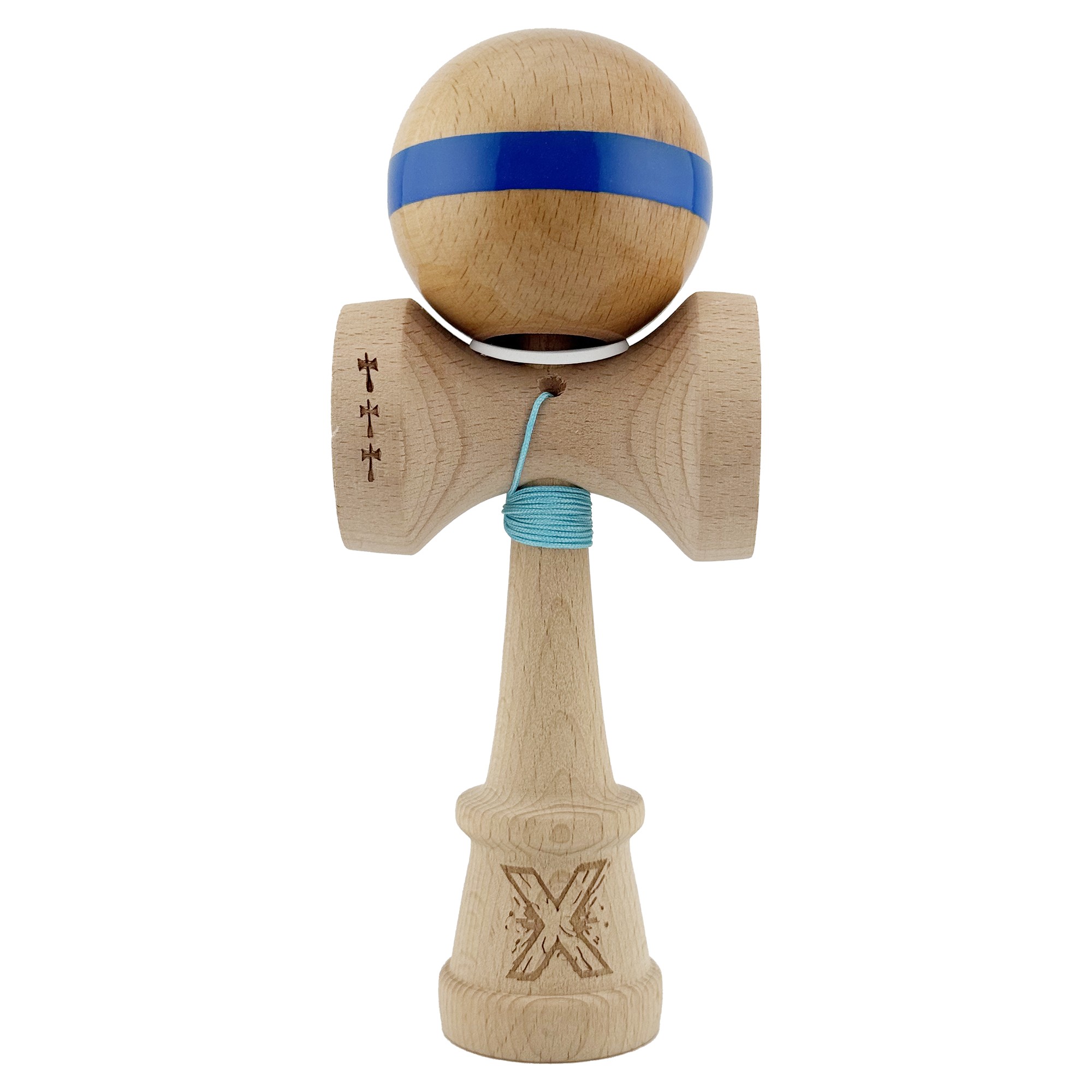 Kendama X Originala, Profesionala, Flippy, Super Sticky, Cupe Mari KING SIZE V3, Gaura in Baza, Rulment Metalic, din lemn 18 cm, Ata 55 cm, Original Albastru
