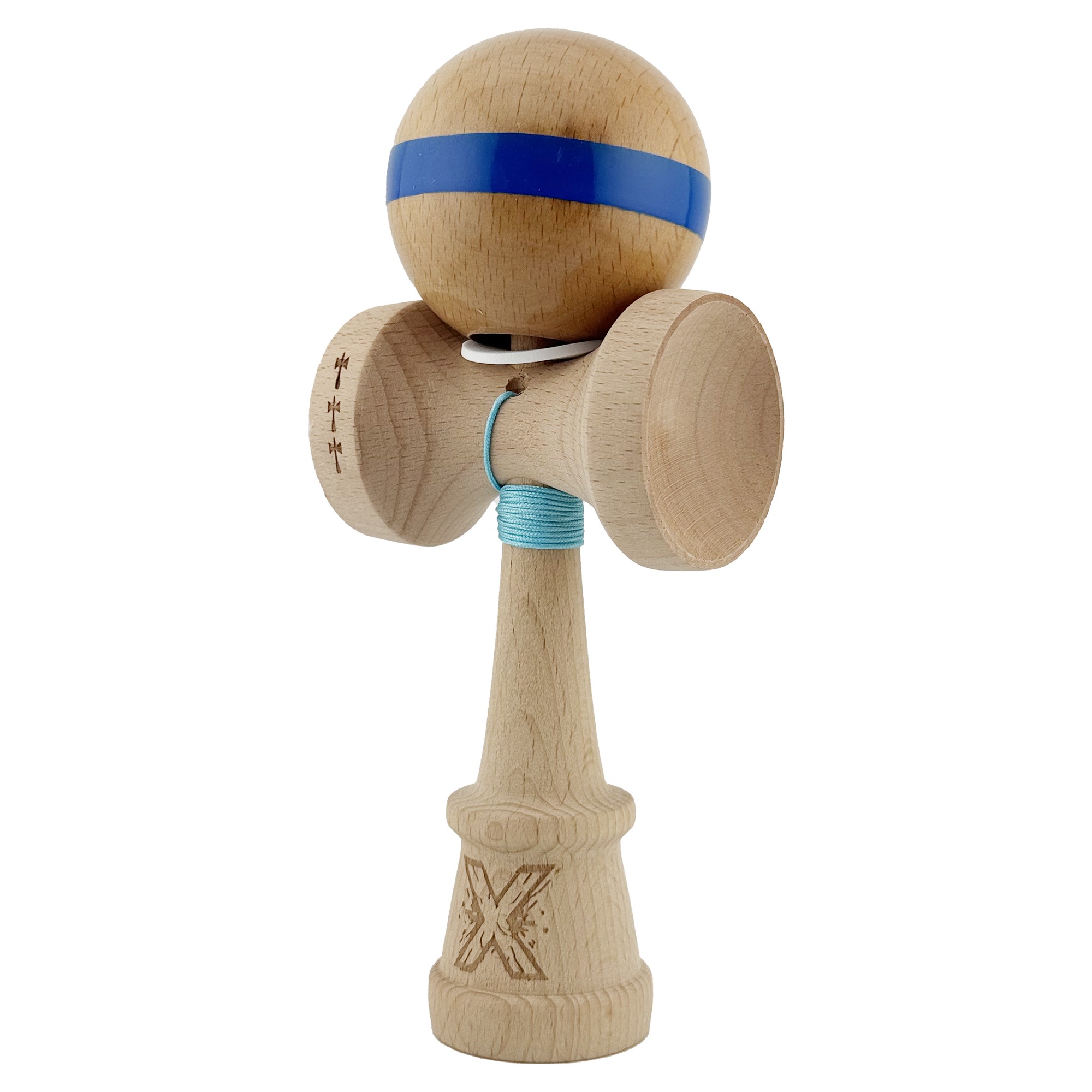 Kendama X Originala, Profesionala, Flippy, Super Sticky, Cupe Mari KING SIZE V3, Gaura in Baza, Rulment Metalic, din lemn 18 cm, Ata 55 cm, Original Albastru