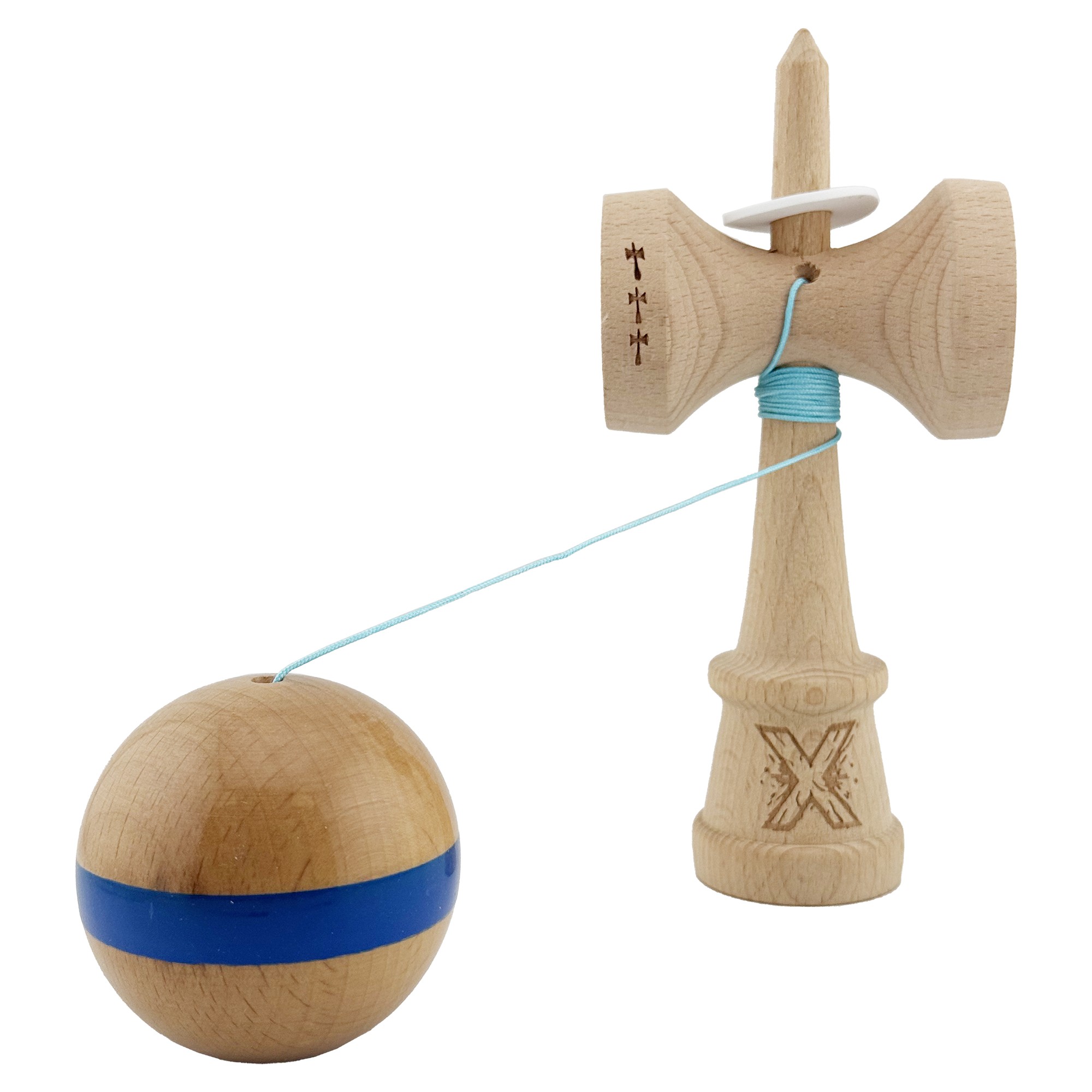 Kendama X Originala, Profesionala, Flippy, Super Sticky, Cupe Mari KING SIZE V3, Gaura in Baza, Rulment Metalic, din lemn 18 cm, Ata 55 cm, Original Albastru