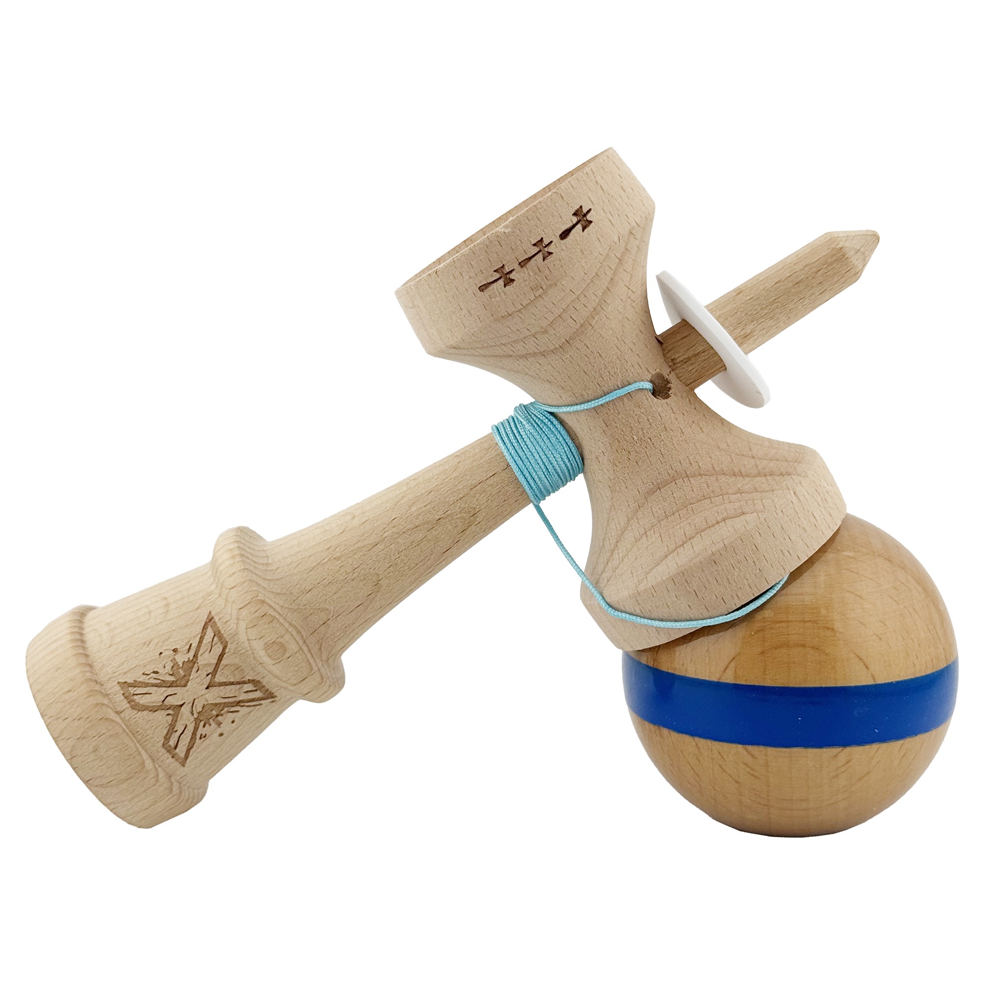 Kendama X Originala, Profesionala, Flippy, Super Sticky, Cupe Mari KING SIZE V3, Gaura in Baza, Rulment Metalic, din lemn 18 cm, Ata 55 cm, Original Albastru