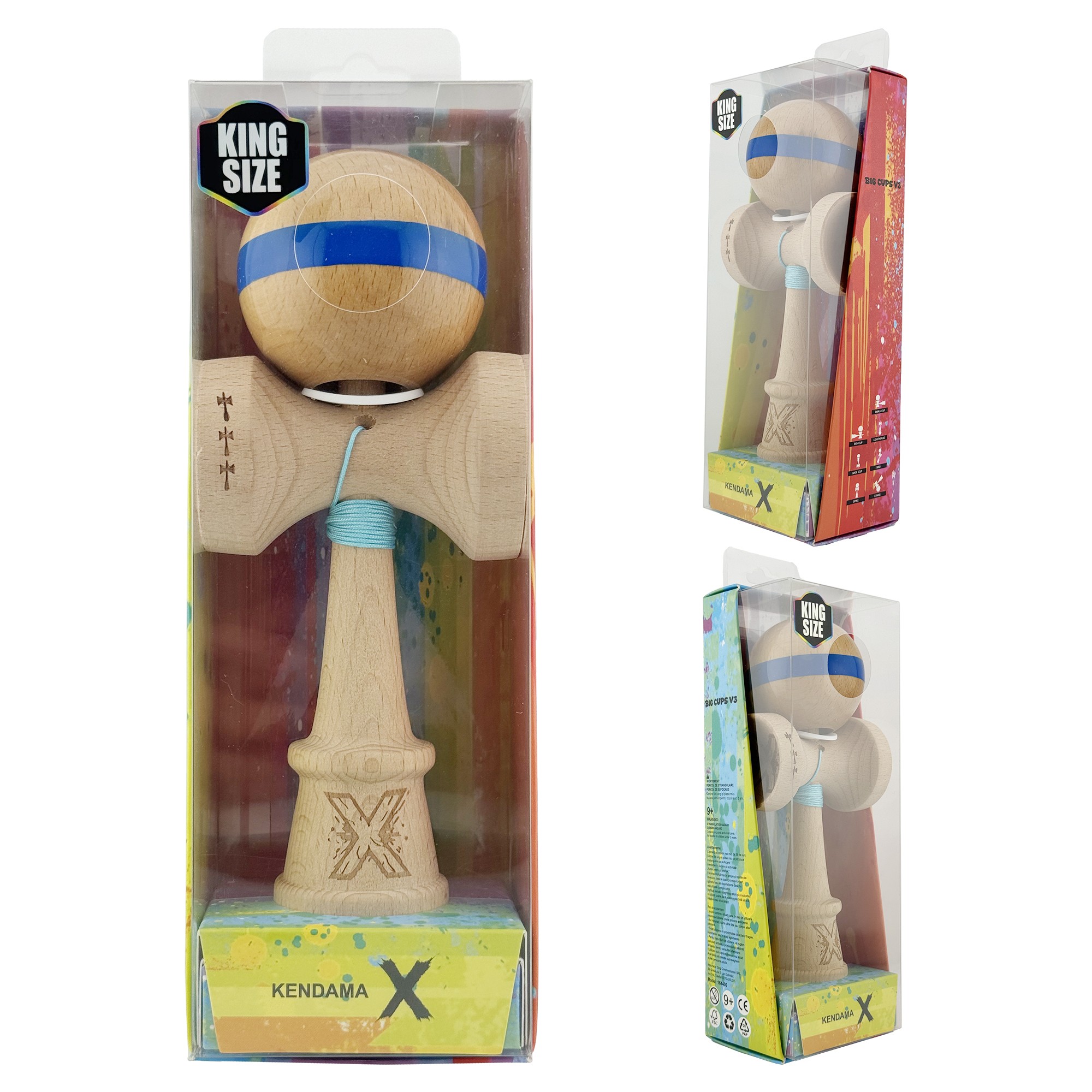 Kendama X Originala, Profesionala, Flippy, Super Sticky, Cupe Mari KING SIZE V3, Gaura in Baza, Rulment Metalic, din lemn 18 cm, Ata 55 cm, Original Albastru