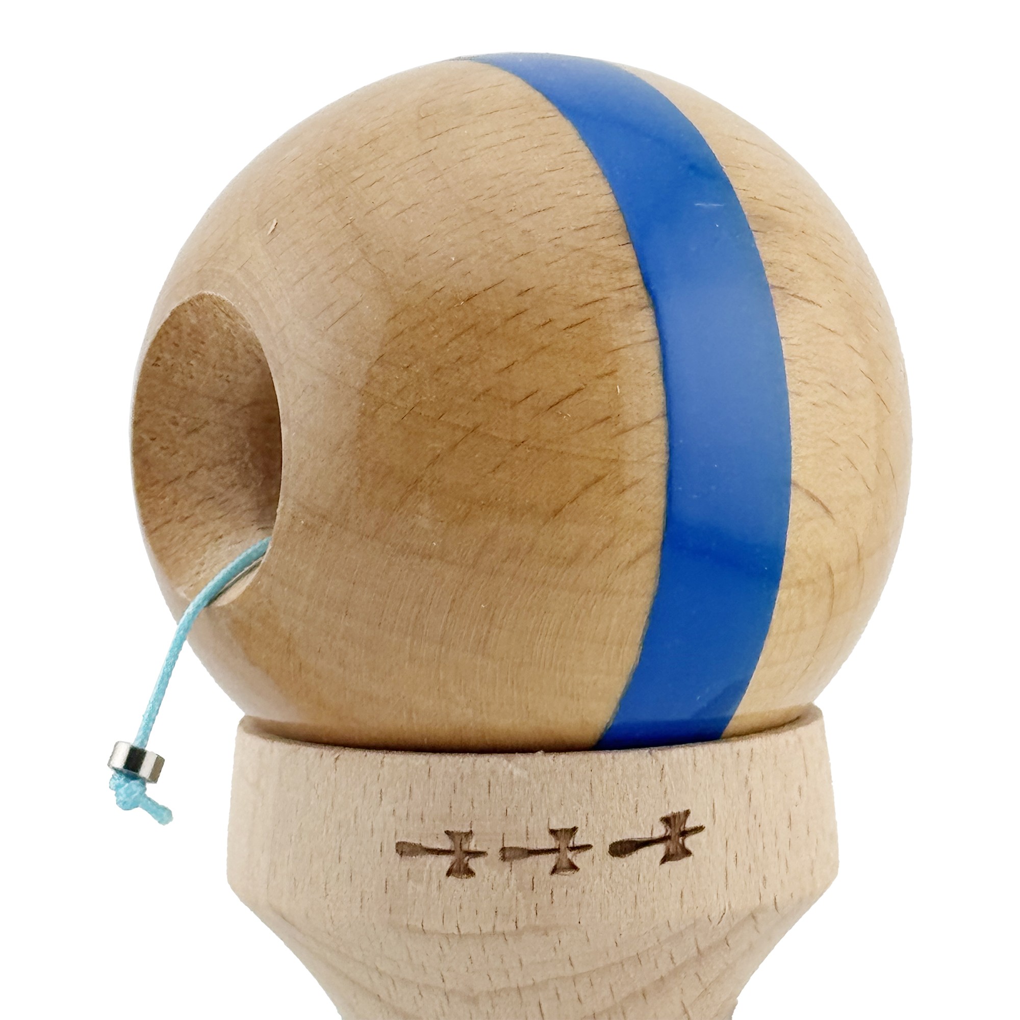 Kendama X Originala, Profesionala, Flippy, Super Sticky, Cupe Mari KING SIZE V3, Gaura in Baza, Rulment Metalic, din lemn 18 cm, Ata 55 cm, Original Albastru