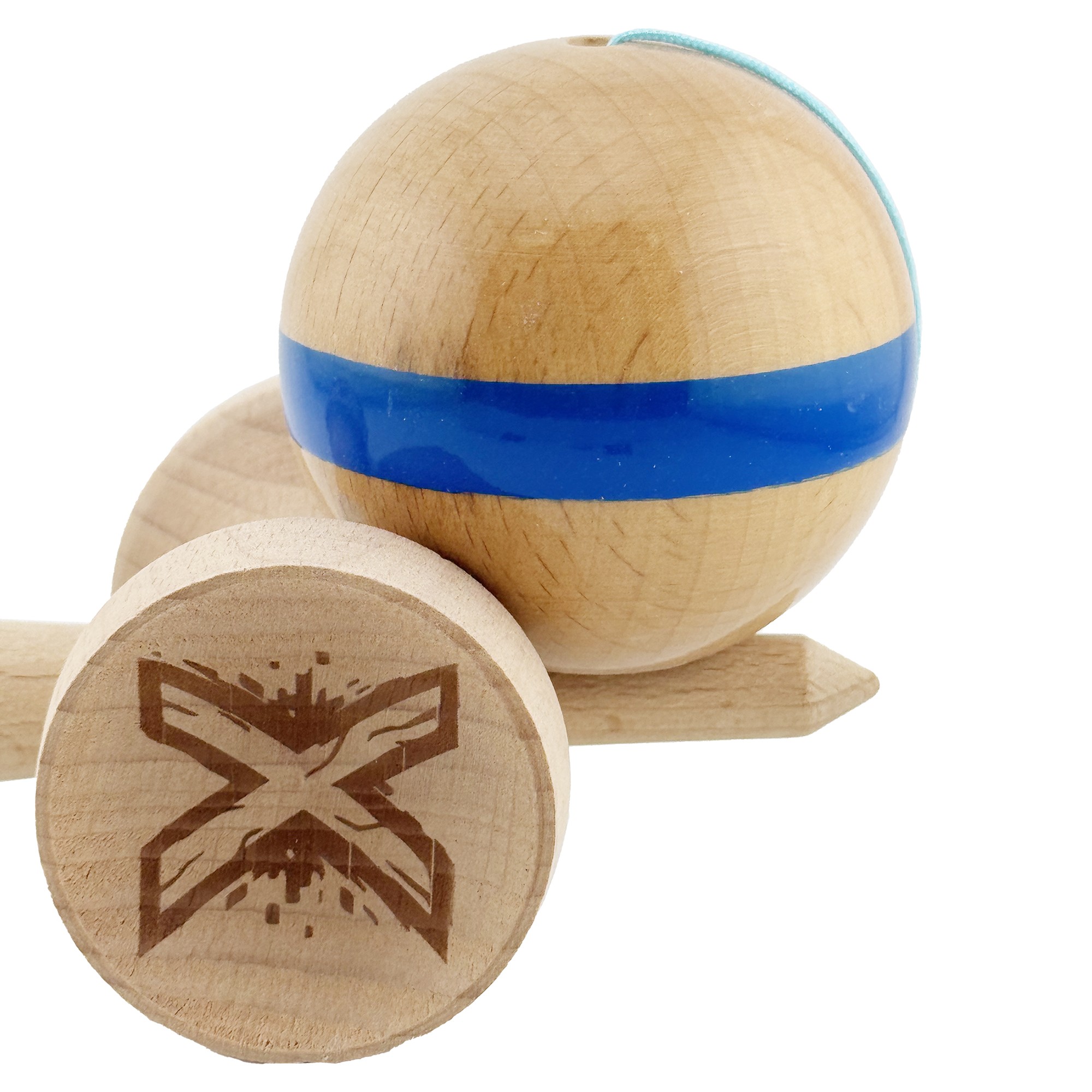 Kendama X Originala, Profesionala, Flippy, Super Sticky, Cupe Mari KING SIZE V3, Gaura in Baza, Rulment Metalic, din lemn 18 cm, Ata 55 cm, Original Albastru