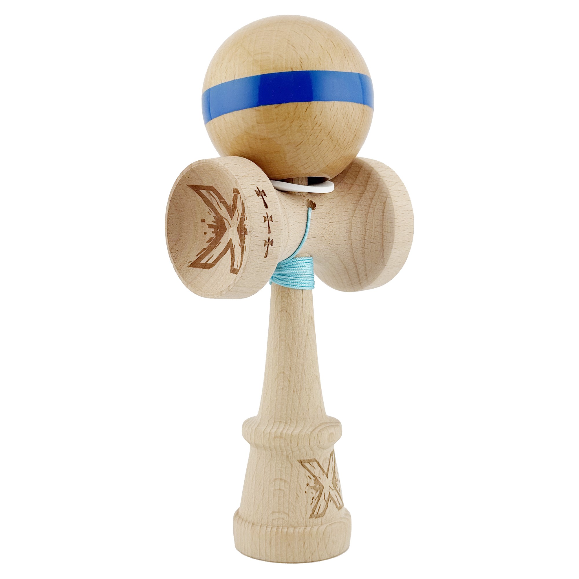 Kendama X Originala, Profesionala, Flippy, Super Sticky, Cupe Mari KING SIZE V3, Gaura in Baza, Rulment Metalic, din lemn 18 cm, Ata 55 cm, Original Albastru