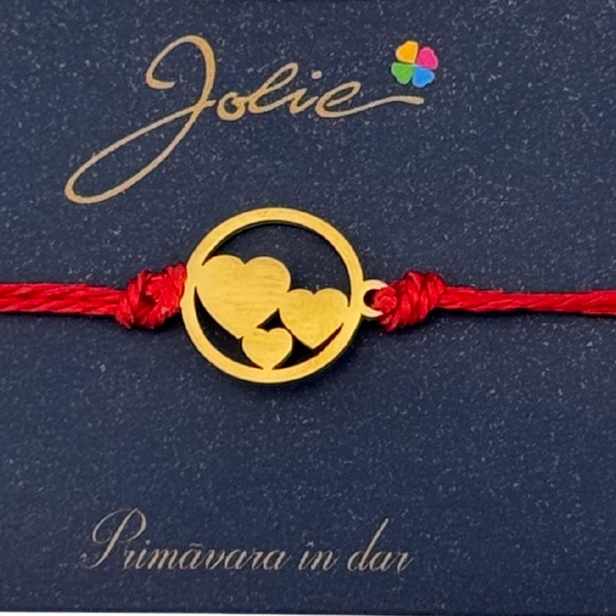 Martisor Bratara Primavara, Textil si Inox, Jolie, Snur Rosu, Model Trei Inimi, Auriu